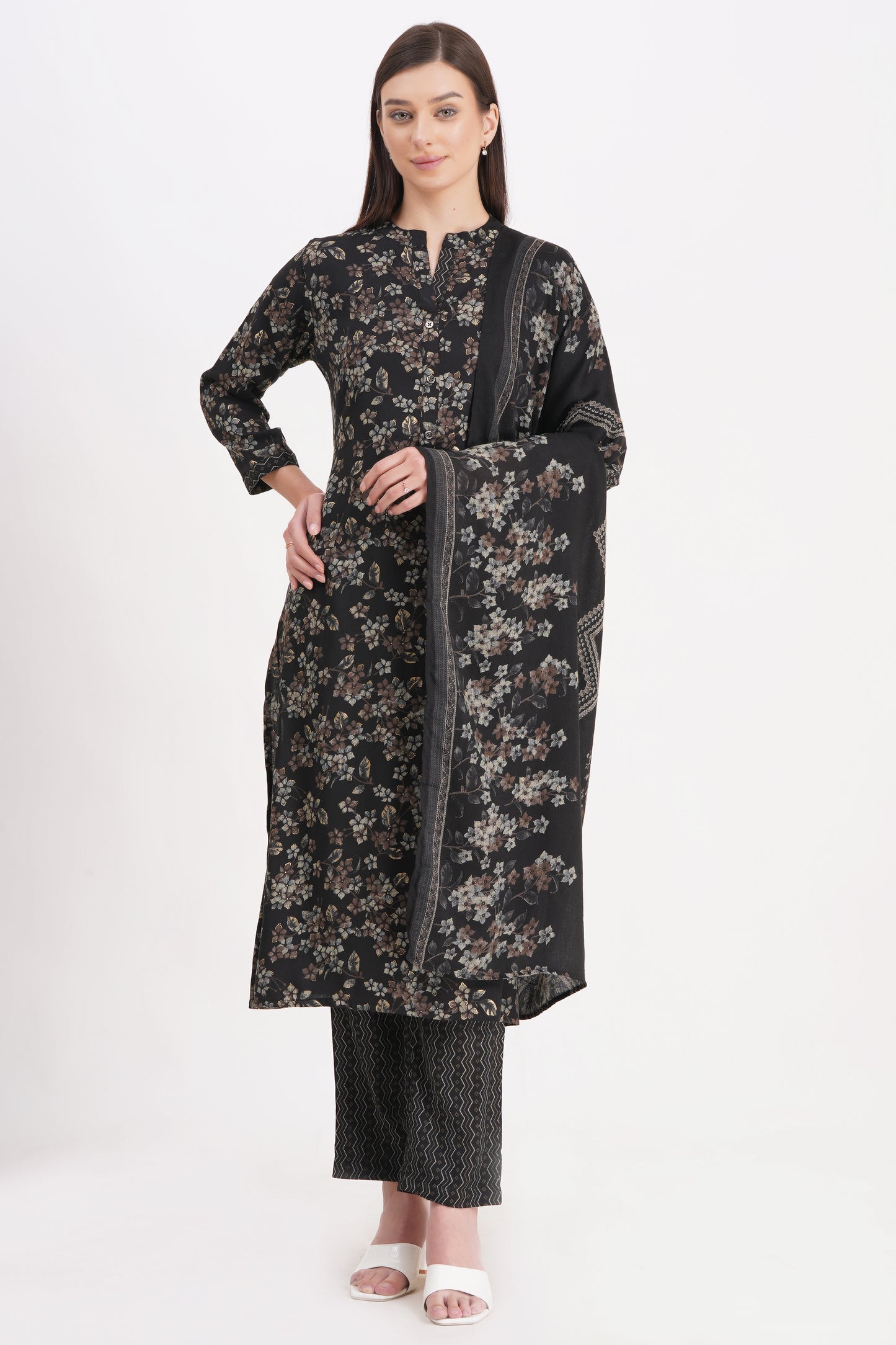 Elegant Black Floral Printed Kurta Set with Dupatta