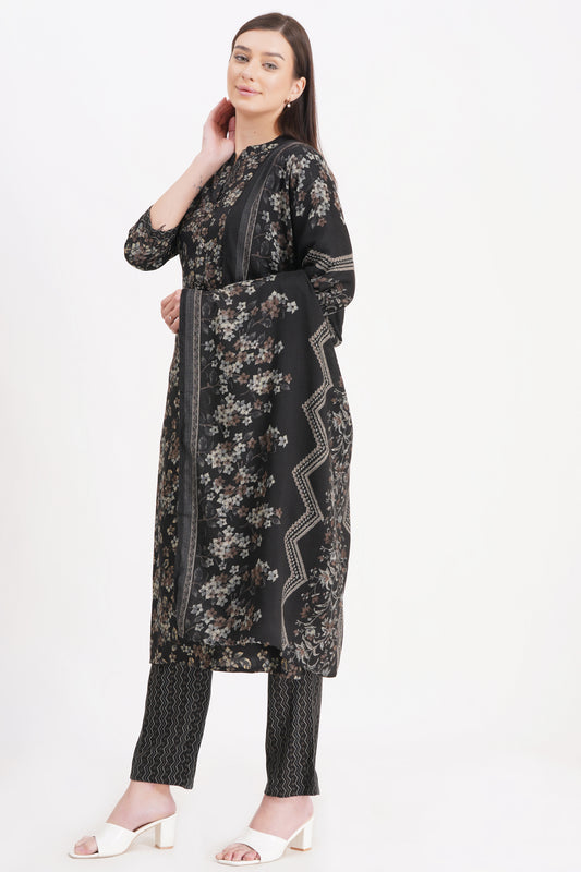 Elegant Black Floral Printed Kurta Set with Dupatta