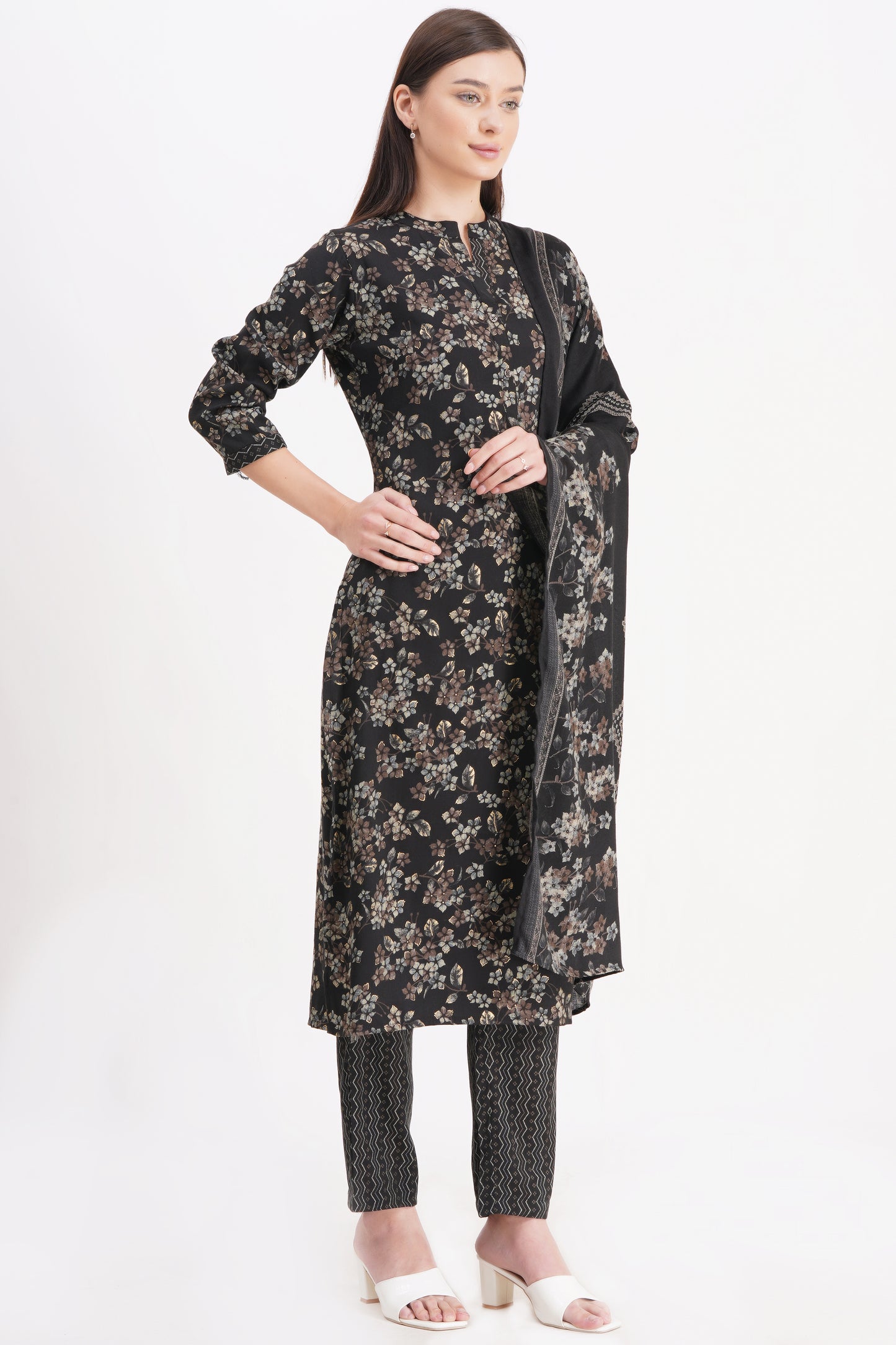 Elegant Black Floral Printed Kurta Set with Dupatta