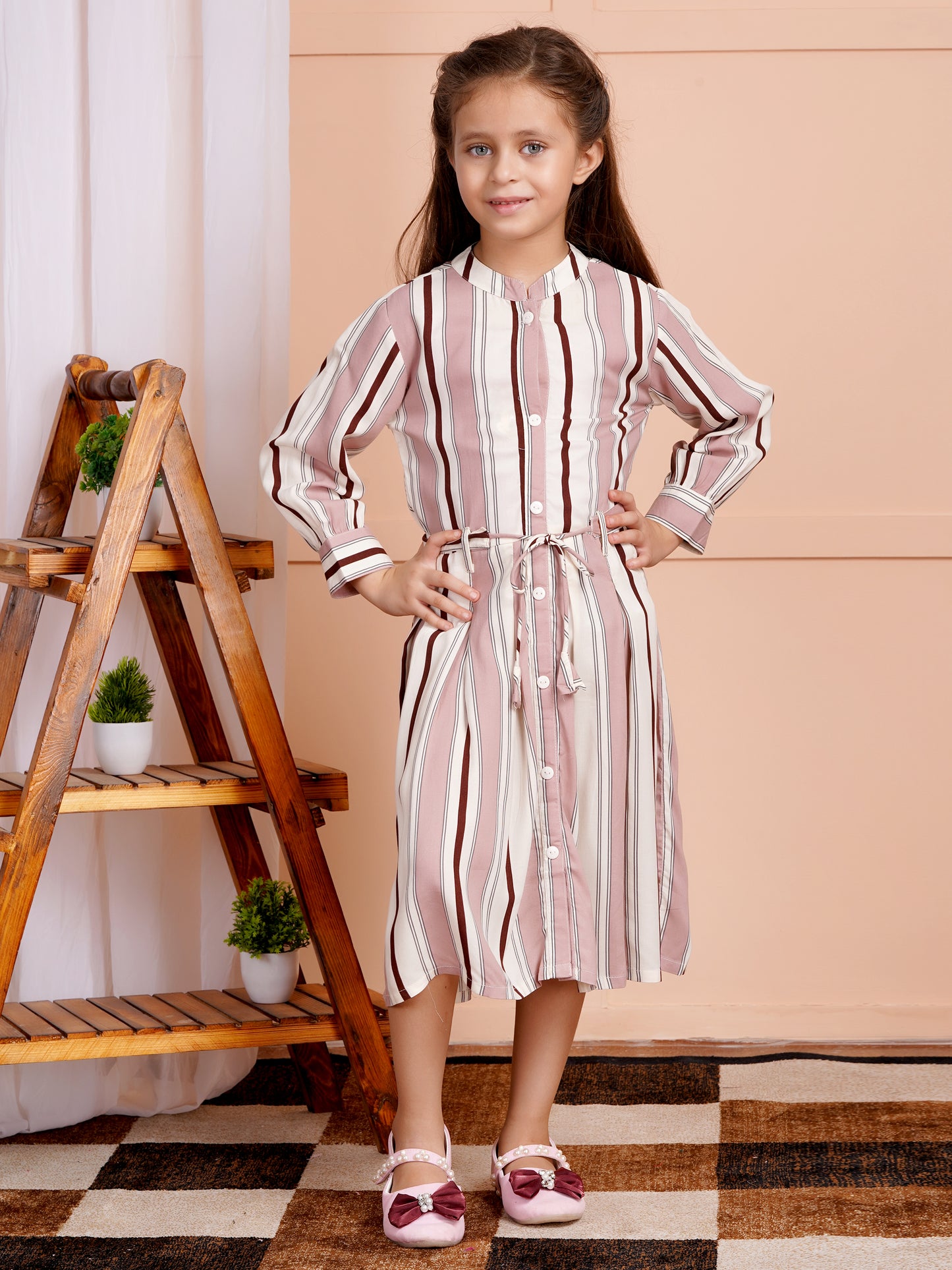 Rosé Stripe Belted Girl's Dress