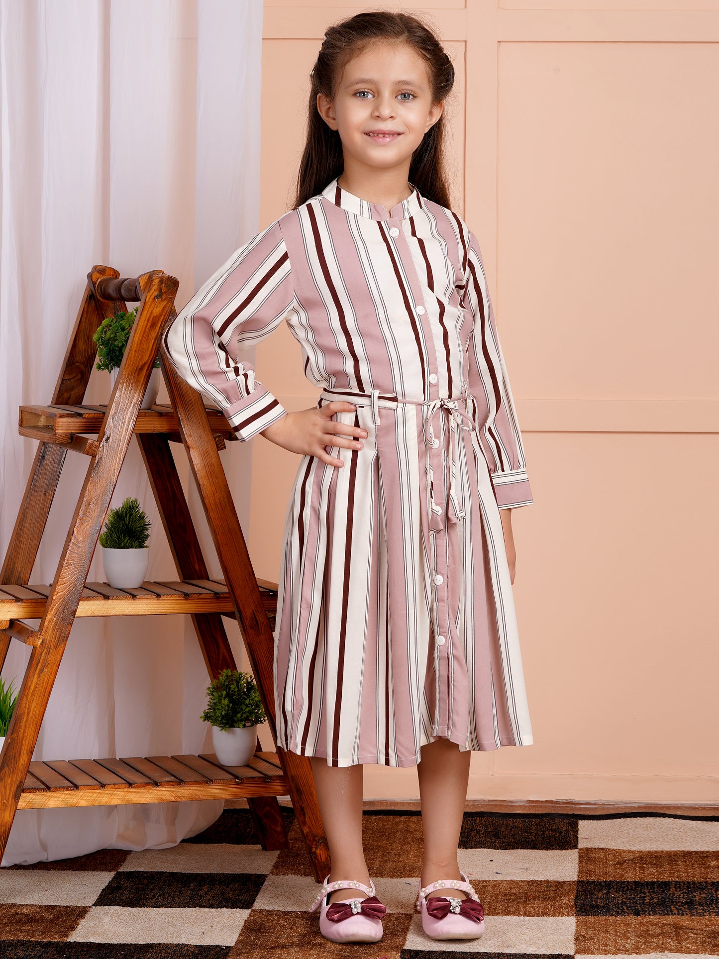 Rosé Stripe Belted Girl's Dress