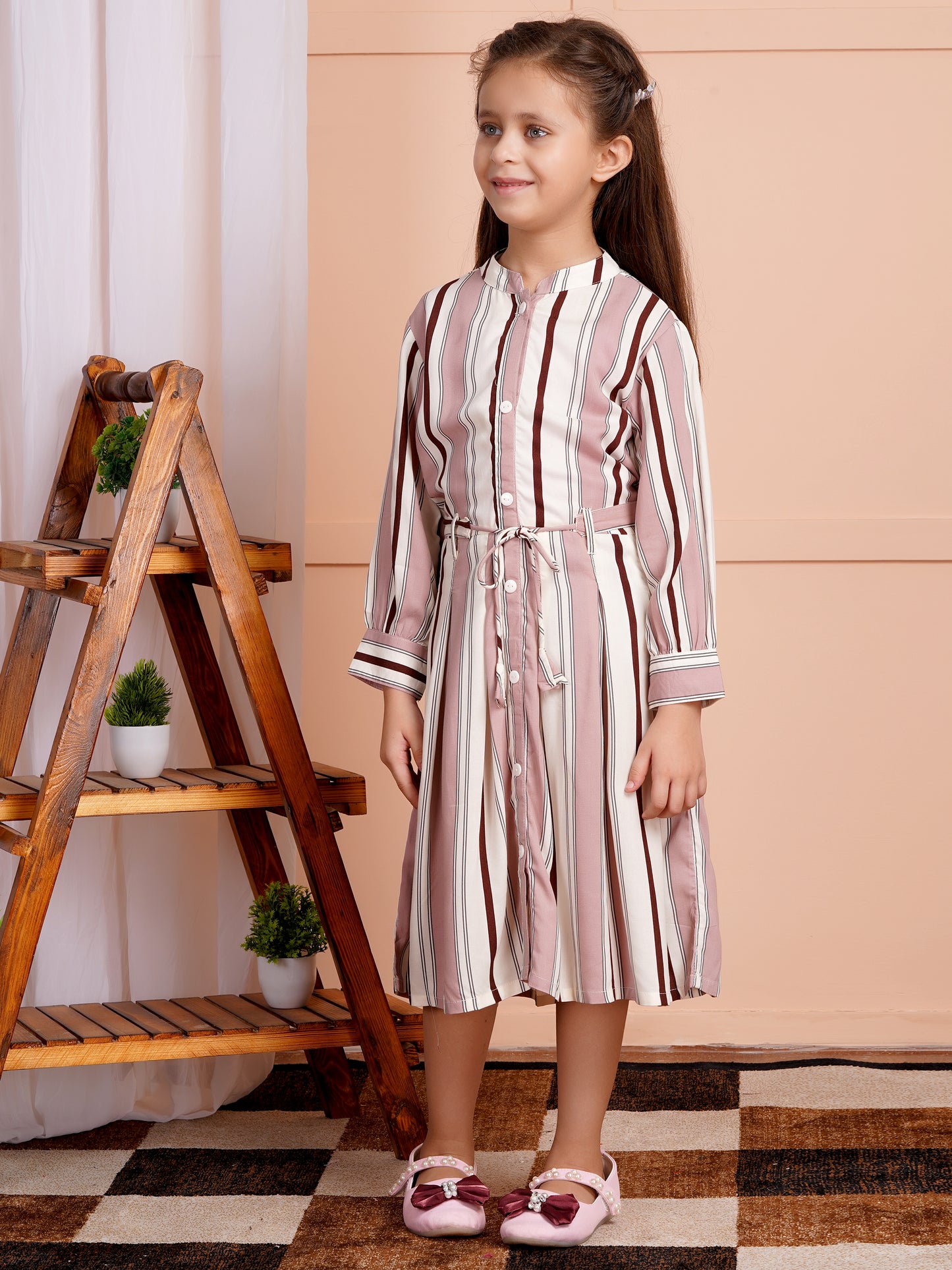 Rosé Stripe Belted Girl's Dress