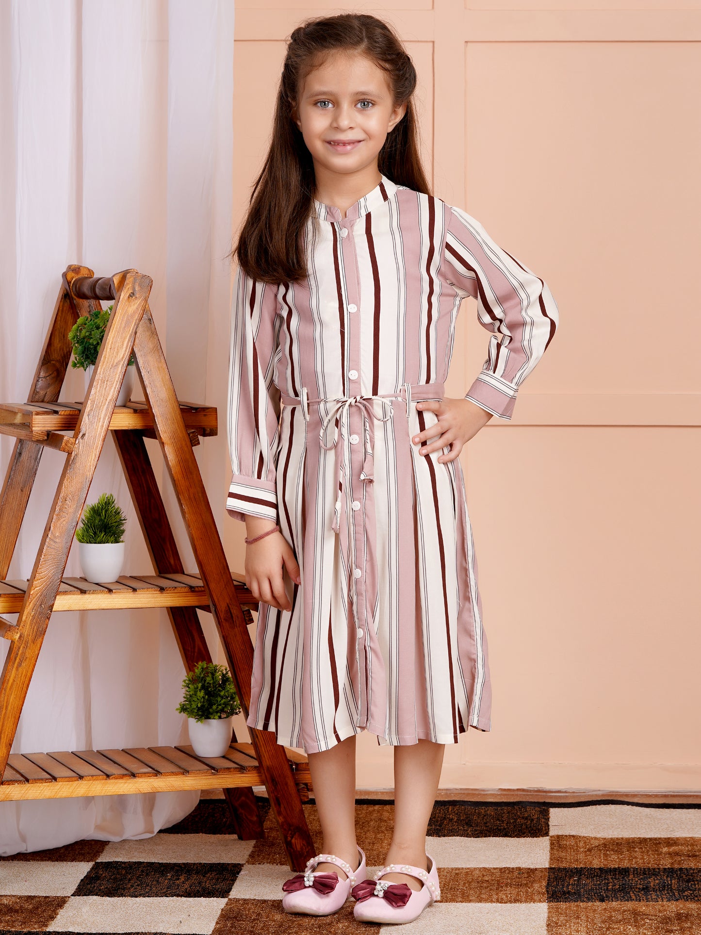 Rosé Stripe Belted Girl's Dress