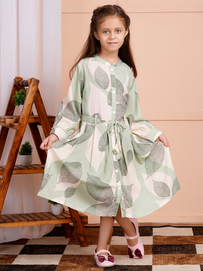 Garden Leaf Belted Girl's Dress