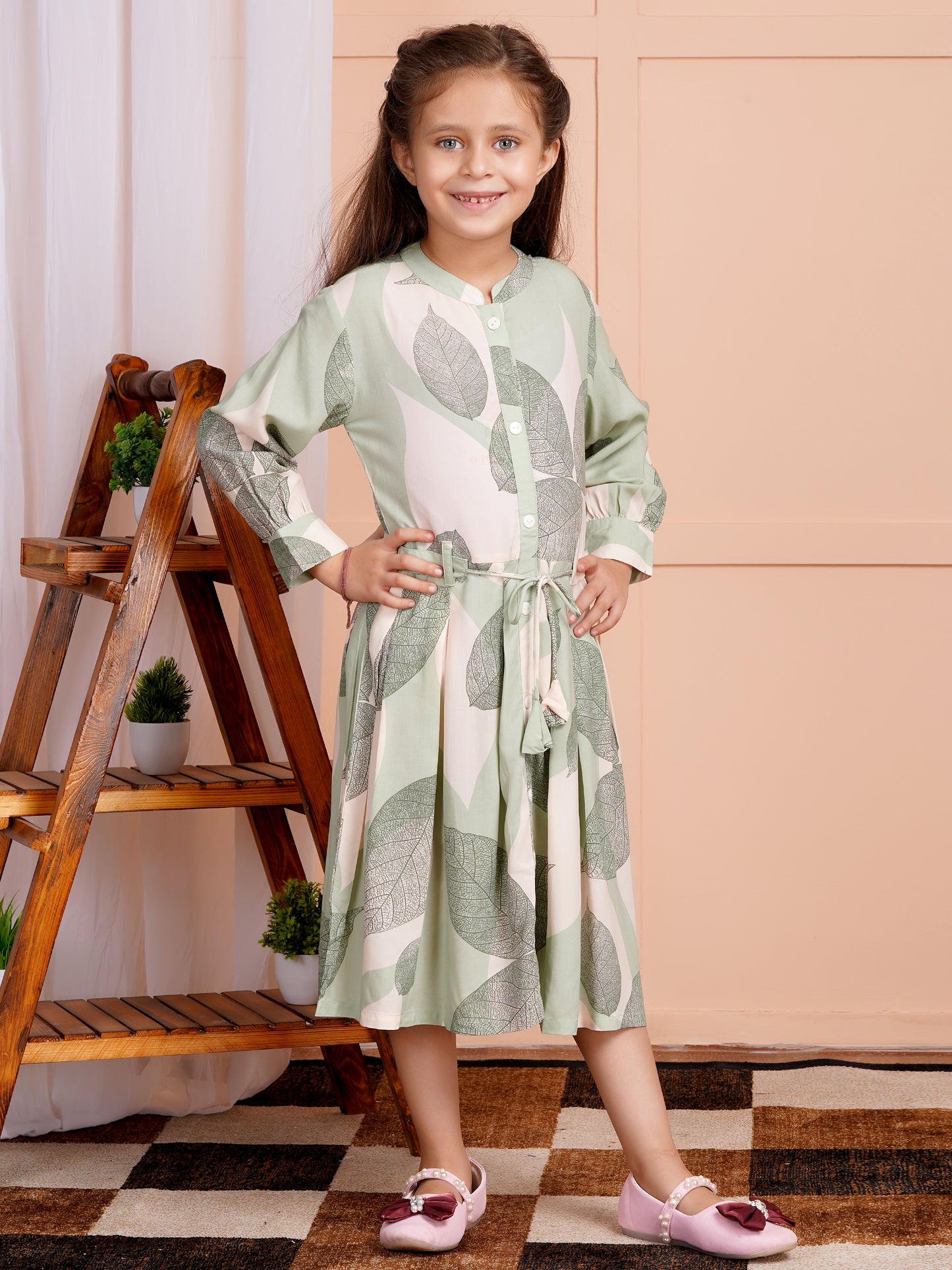 Garden Leaf Belted Girl's Dress
