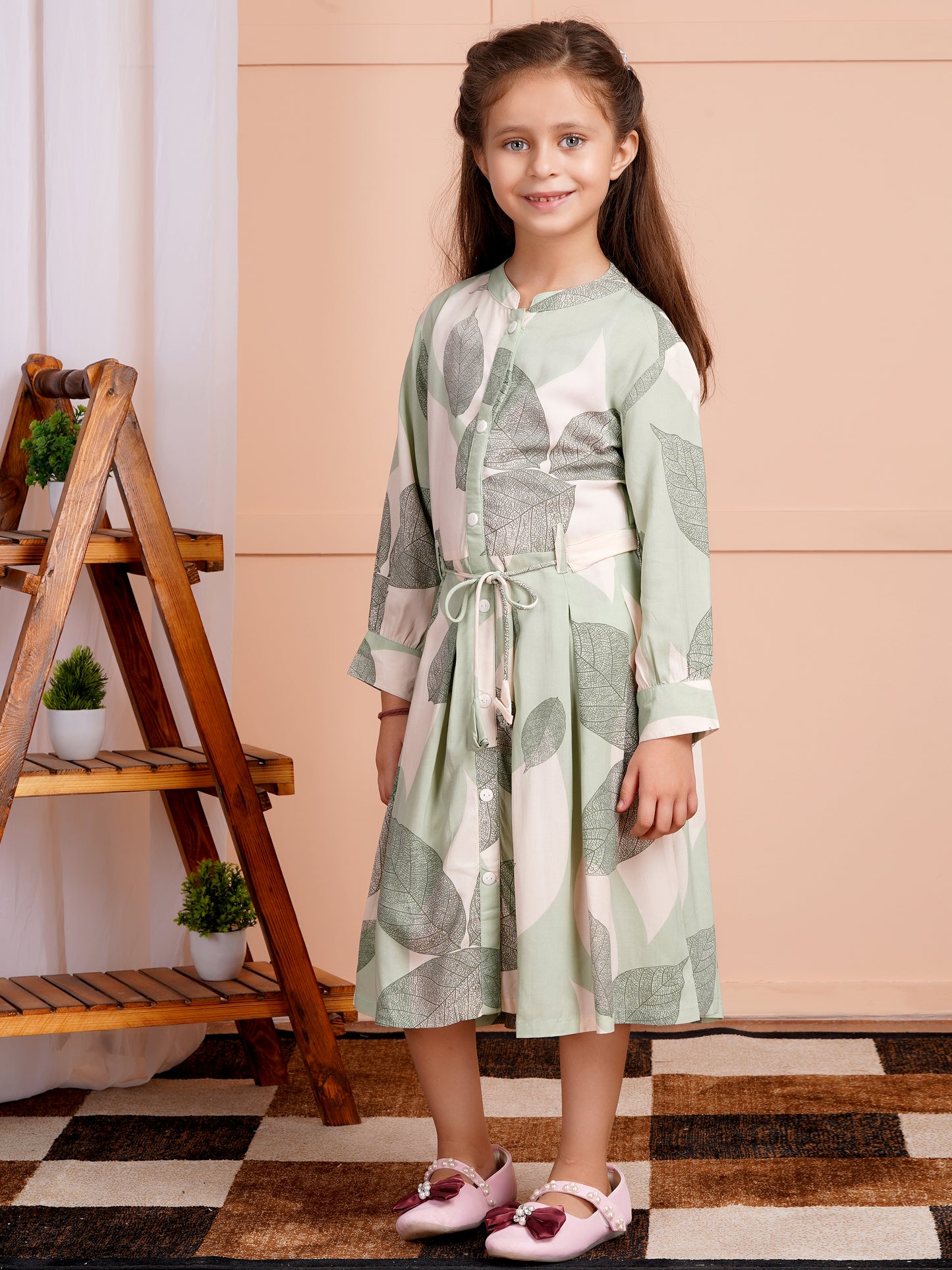 Garden Leaf Belted Girl's Dress