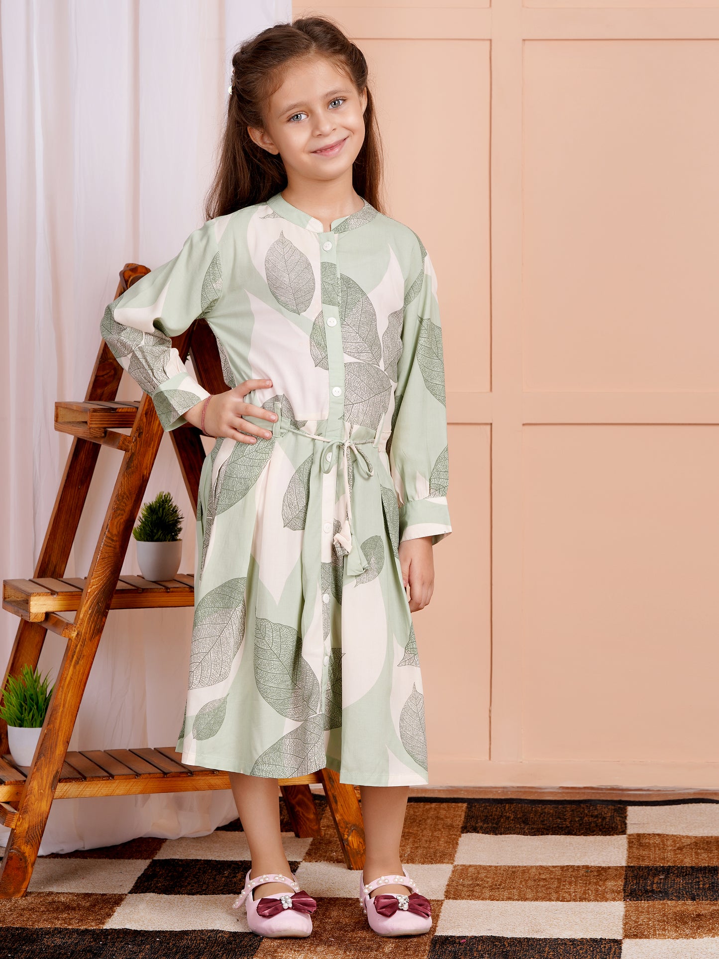 Garden Leaf Belted Girl's Dress
