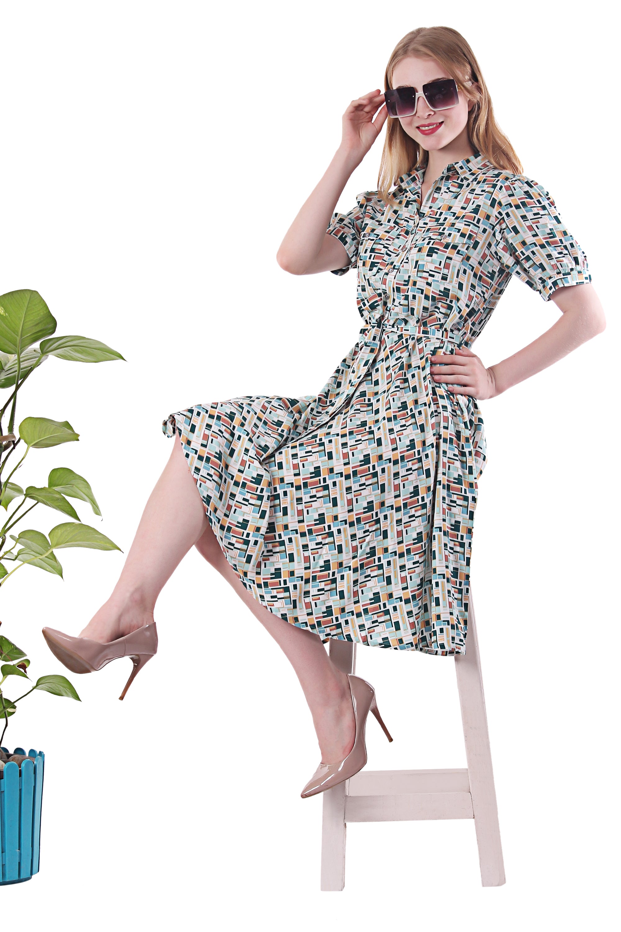Teal Abstract Wrap-on Dress