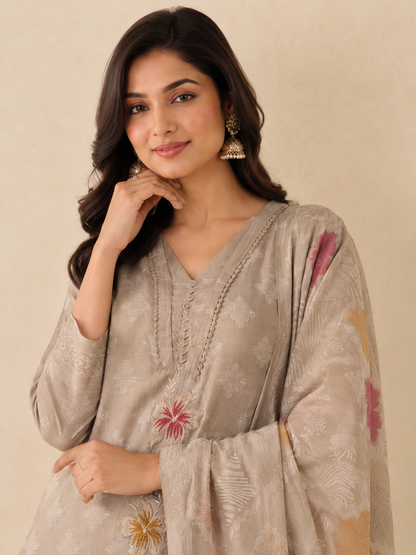 Beige Blossom Embroidered Plazzo Set with Dupatta