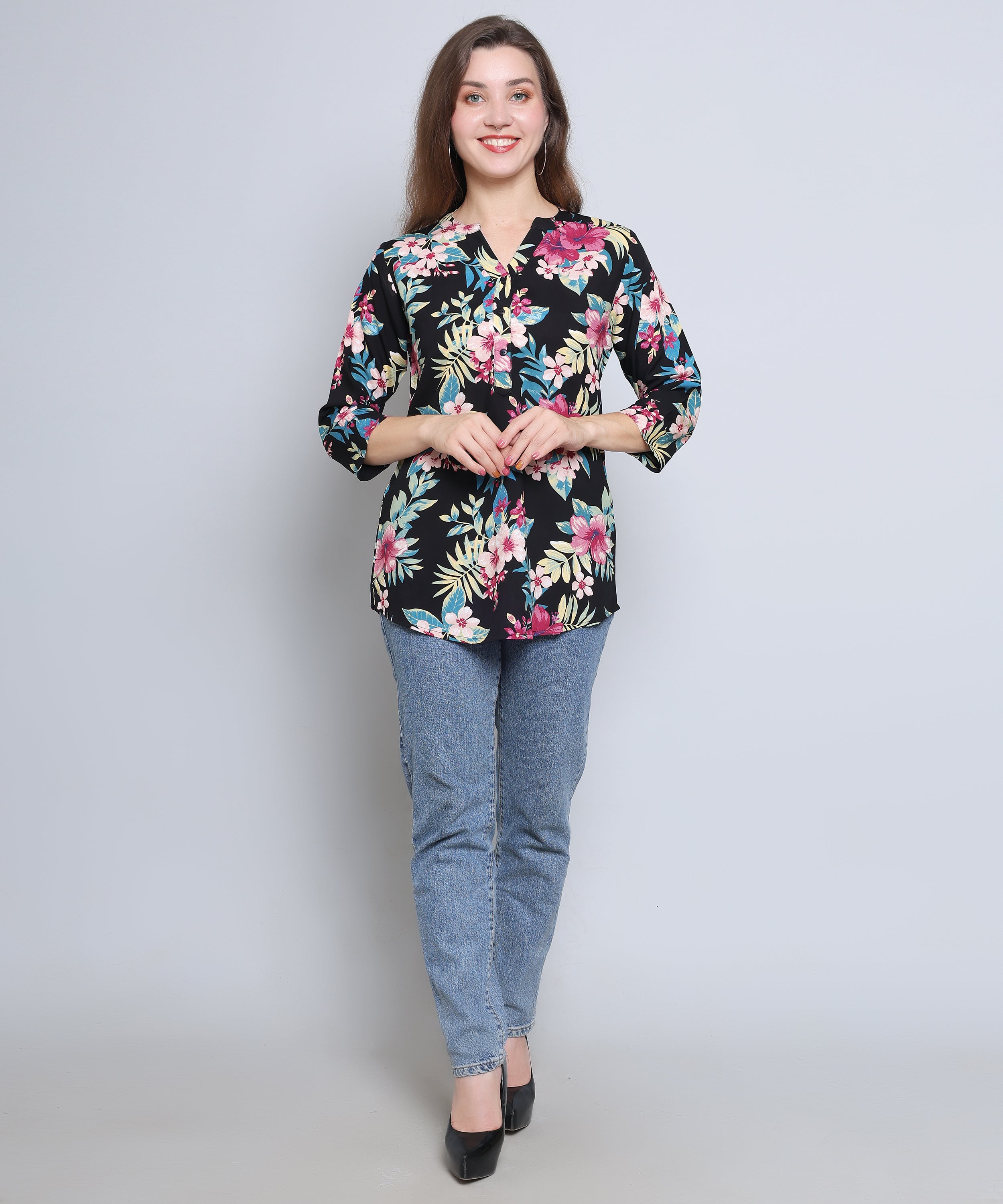 Black with Vibrant Tropical Flower Top