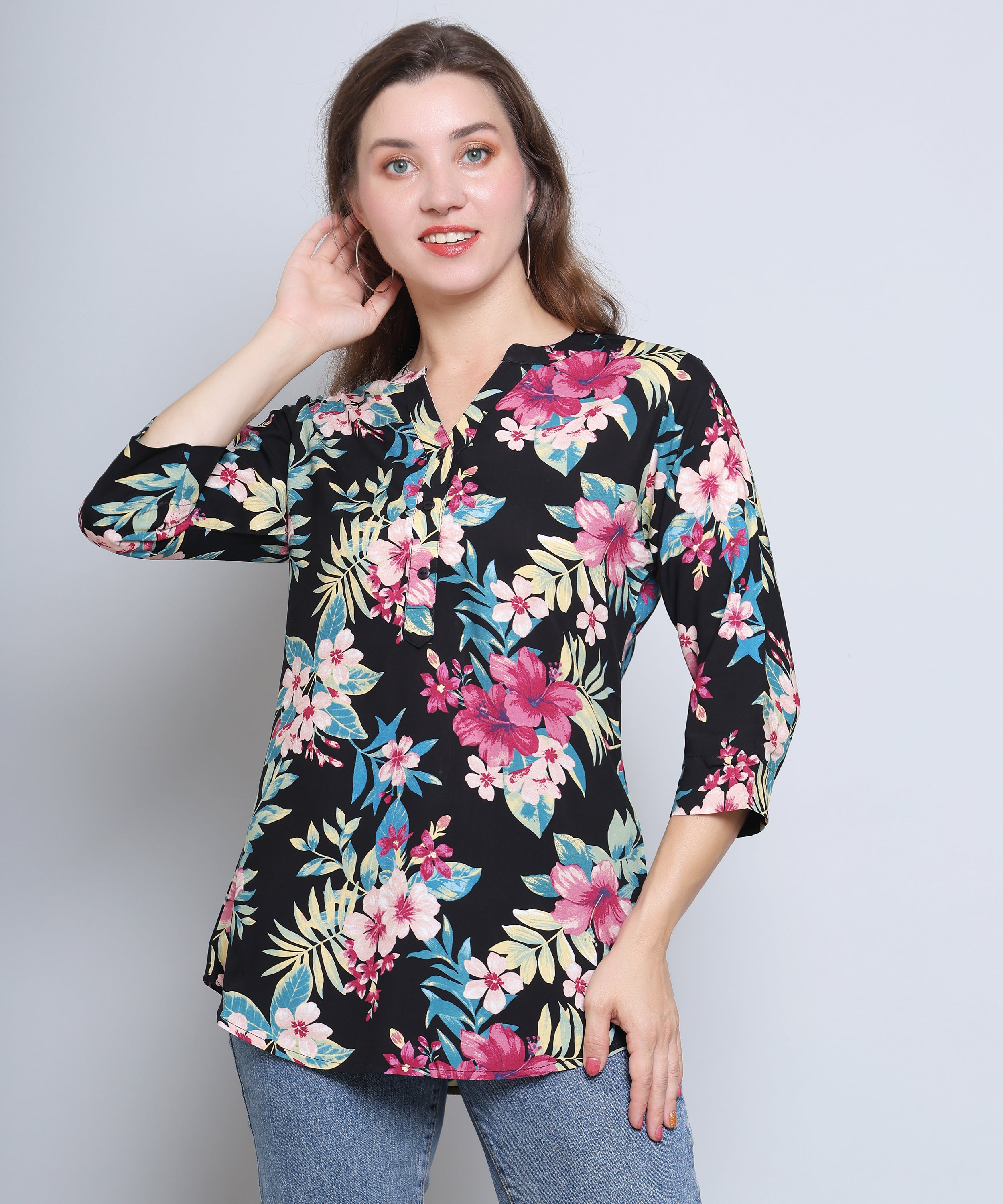 Black with Vibrant Tropical Flower Top