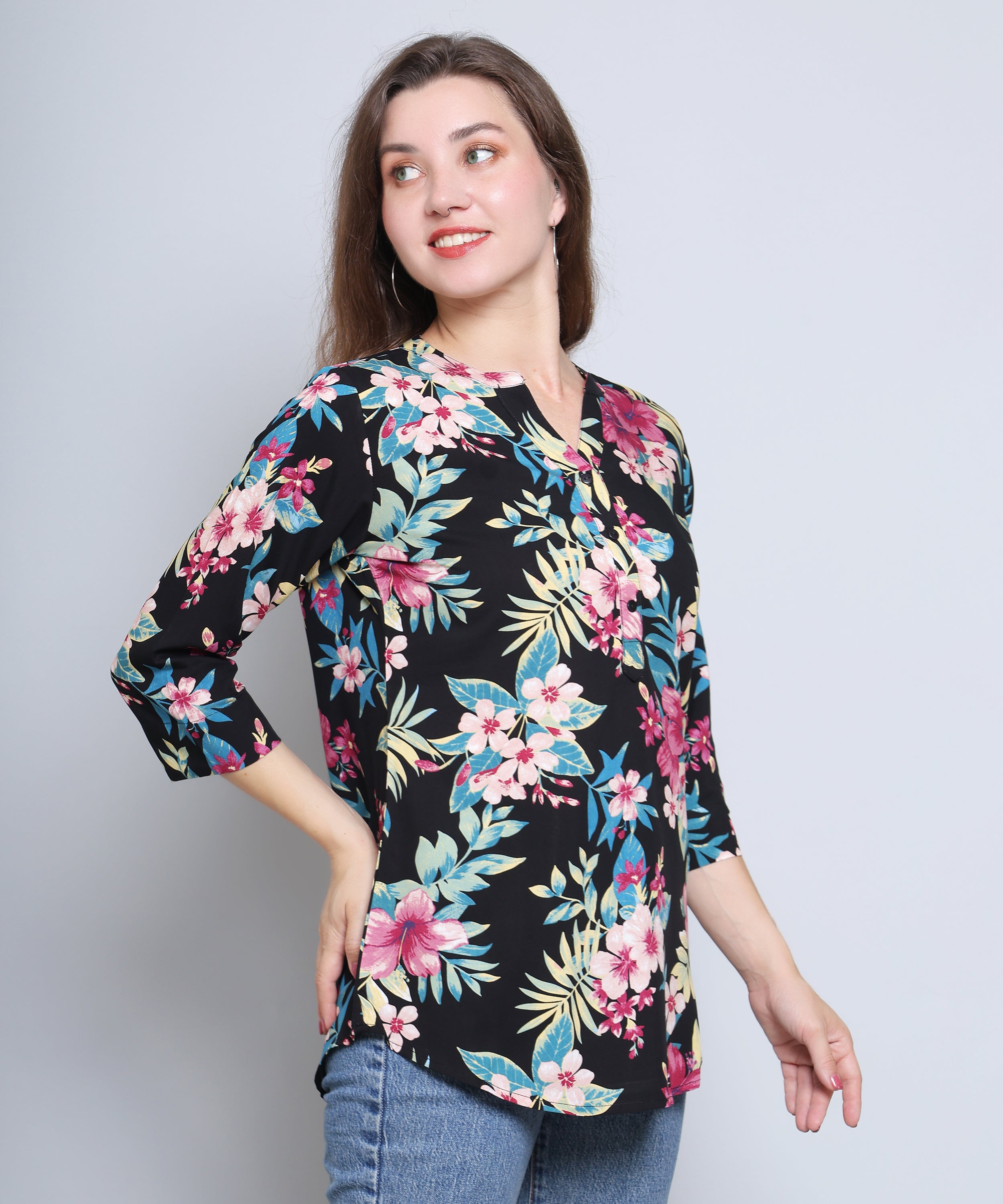 Black with Vibrant Tropical Flower Top