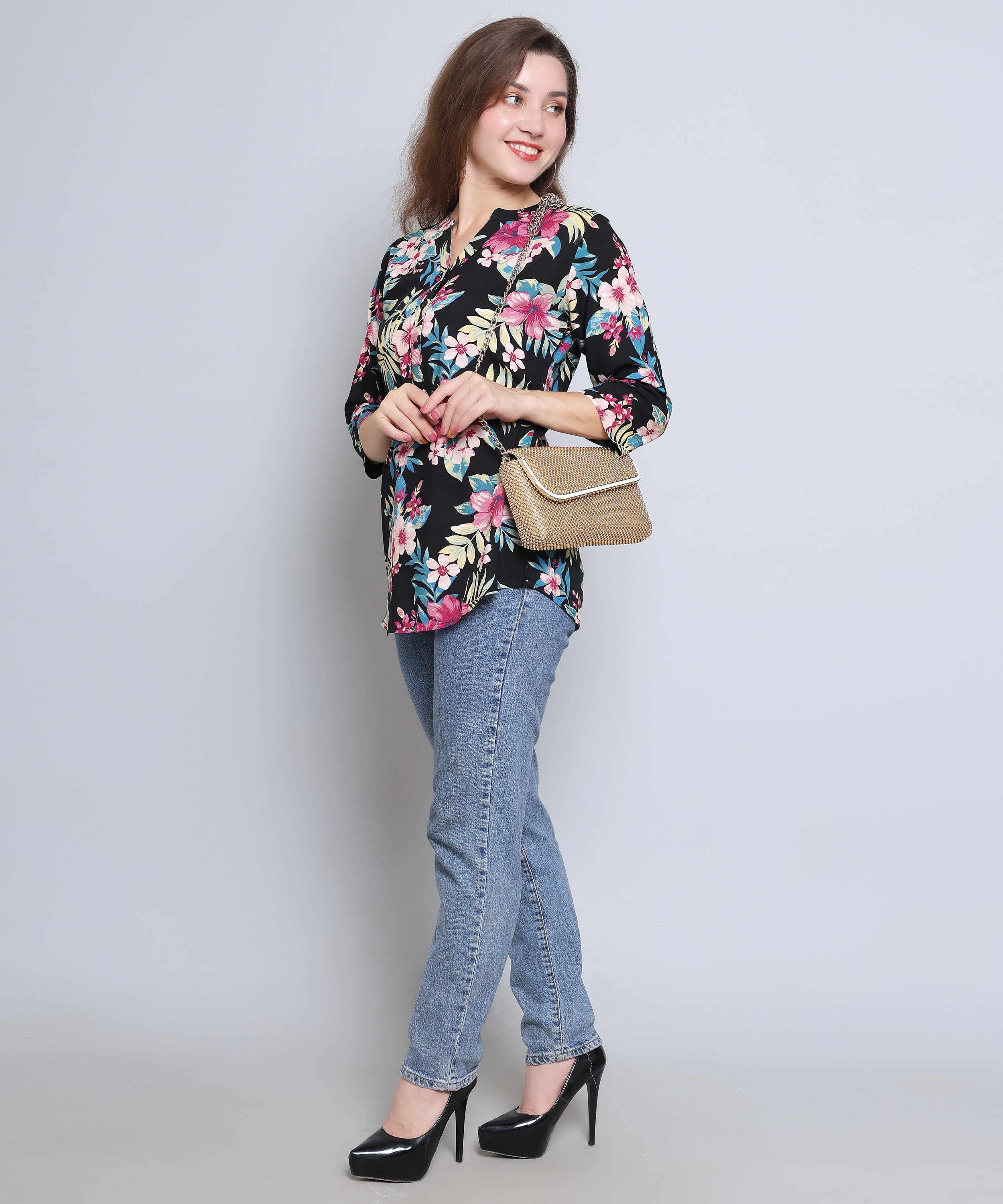 Black with Vibrant Tropical Flower Top