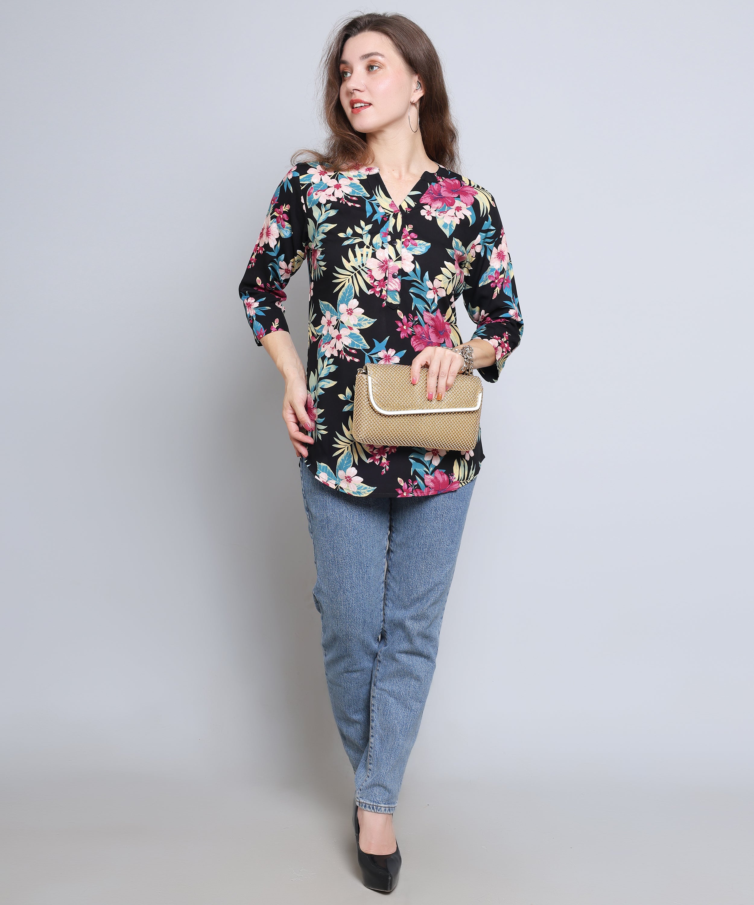 Black with Vibrant Tropical Flower Top