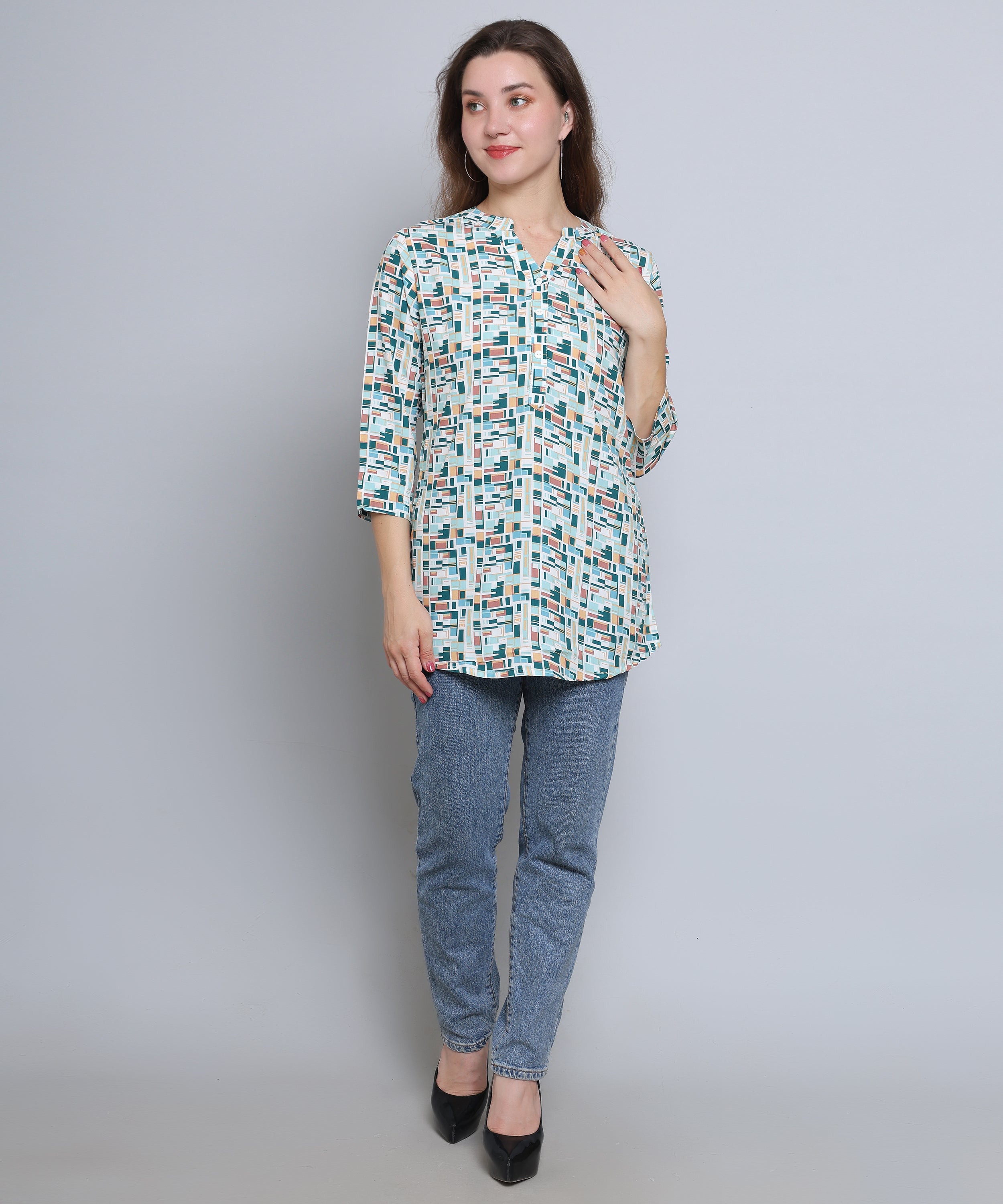 Women's Casual Printed Mandarin Collar Tunic