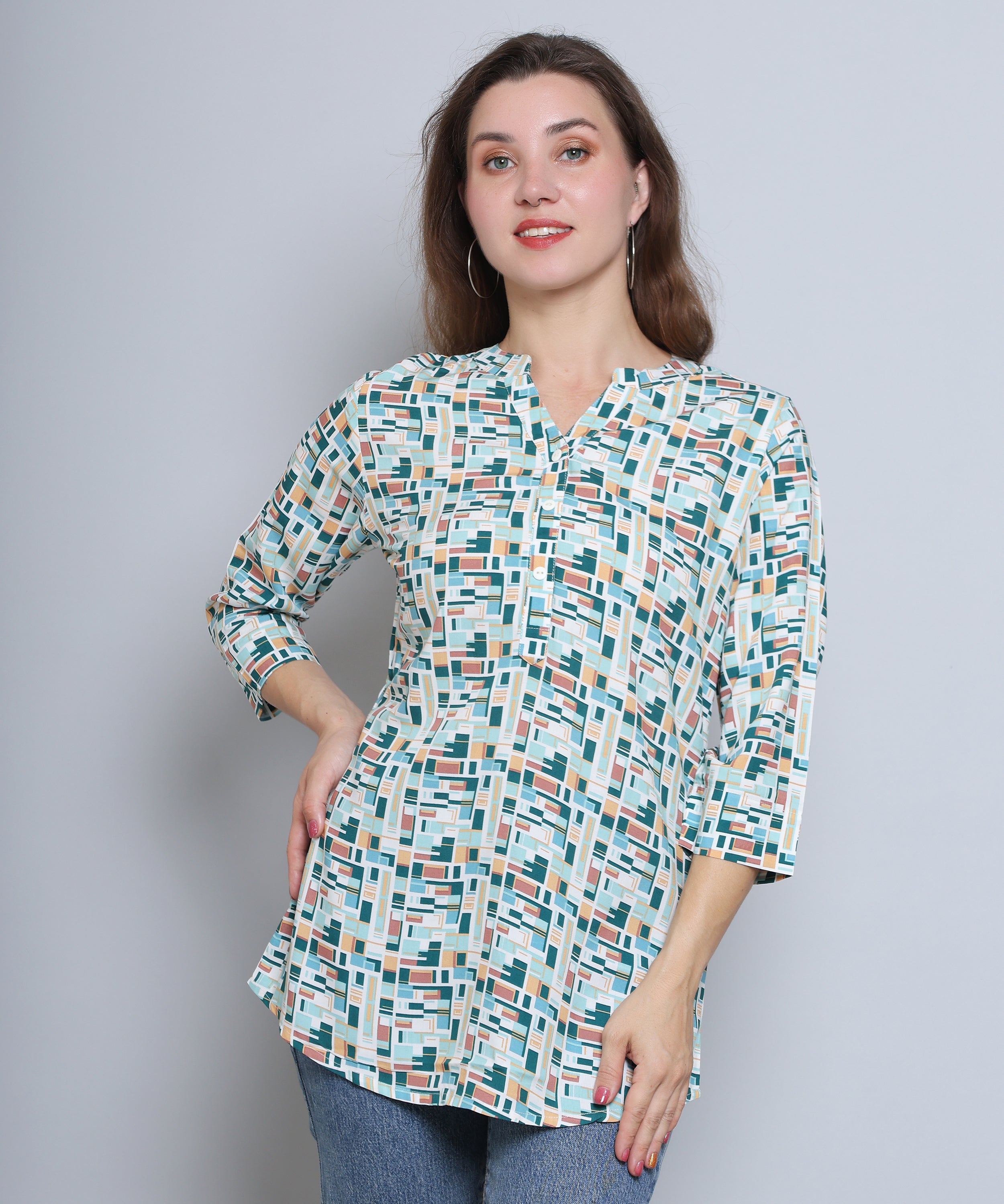 Women's Casual Printed Mandarin Collar Tunic