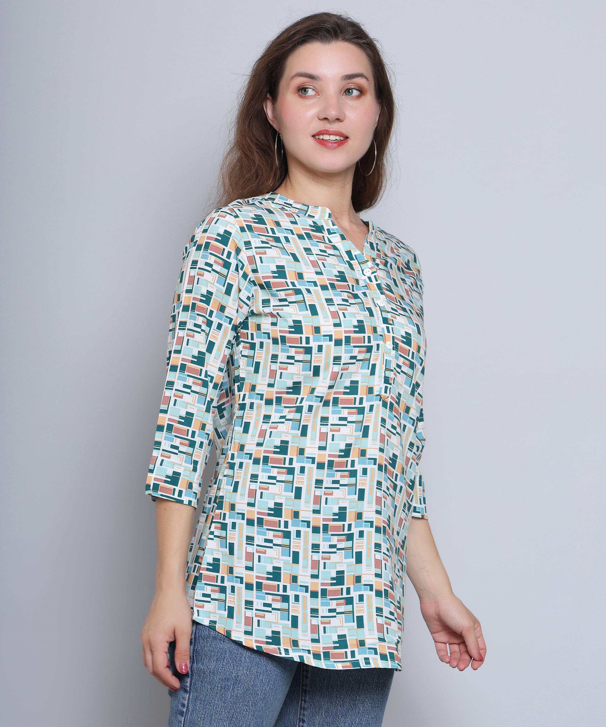 Women's Casual Printed Mandarin Collar Tunic
