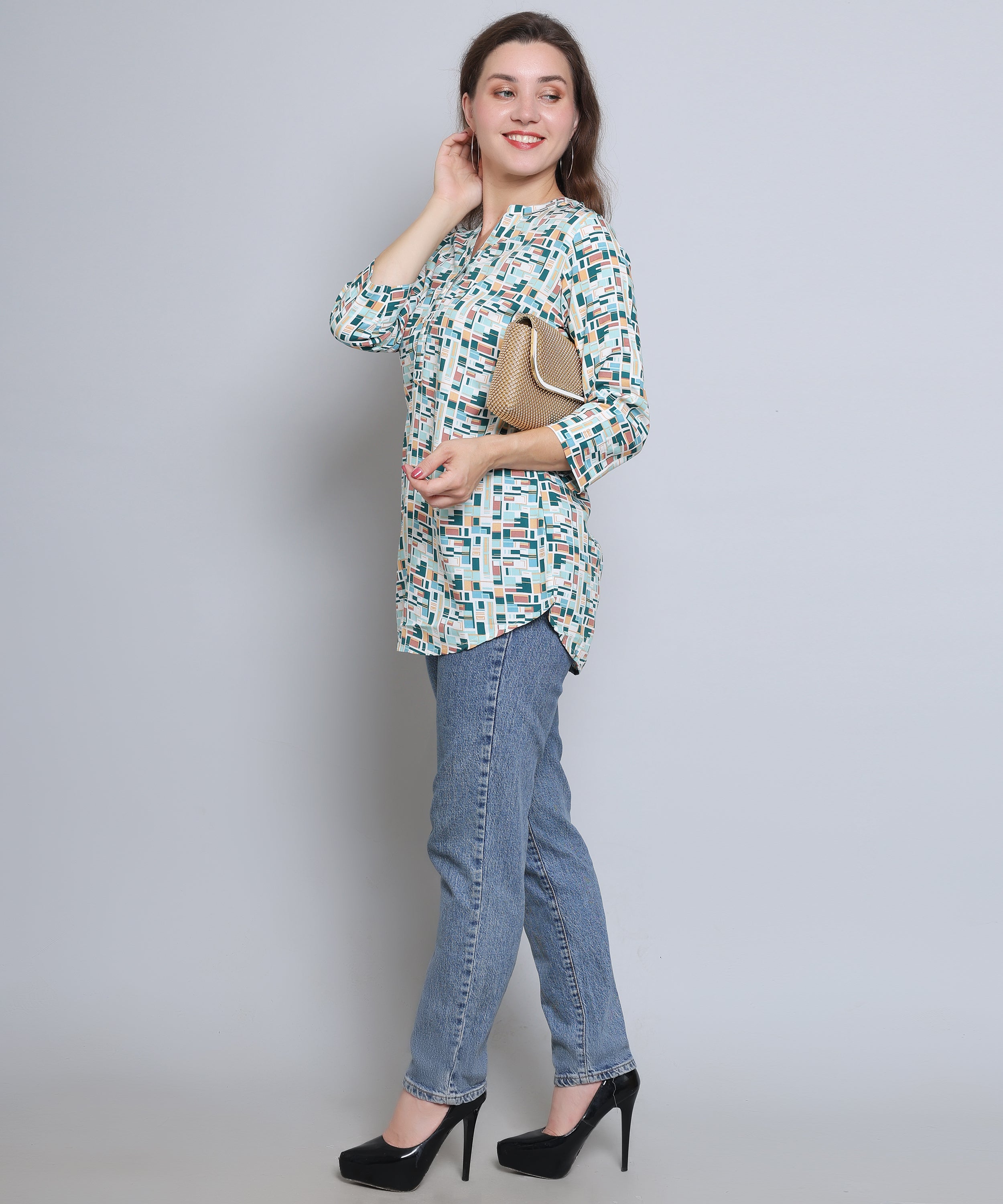 Women's Casual Printed Mandarin Collar Tunic