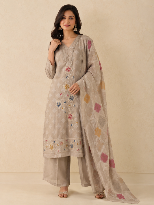 Beige Blossom Embroidered Plazzo Set with Dupatta