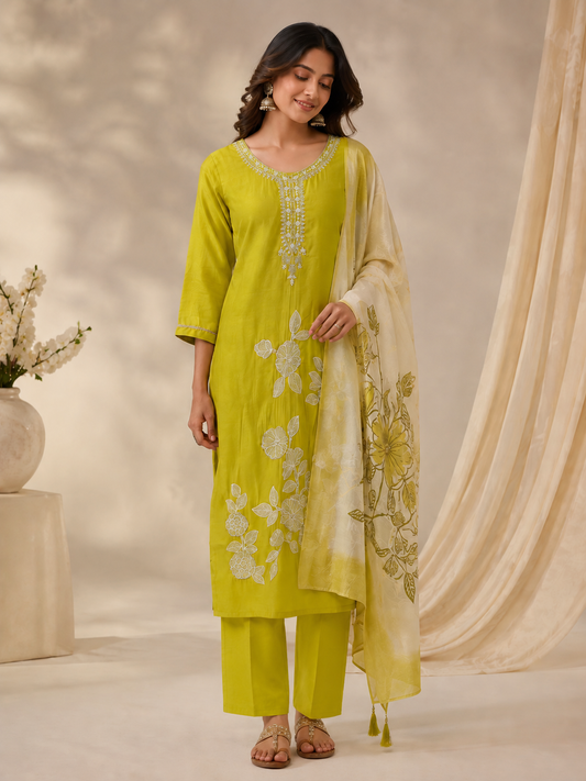 Lime Blossom Embroidered Plazzo Set with Dupatta