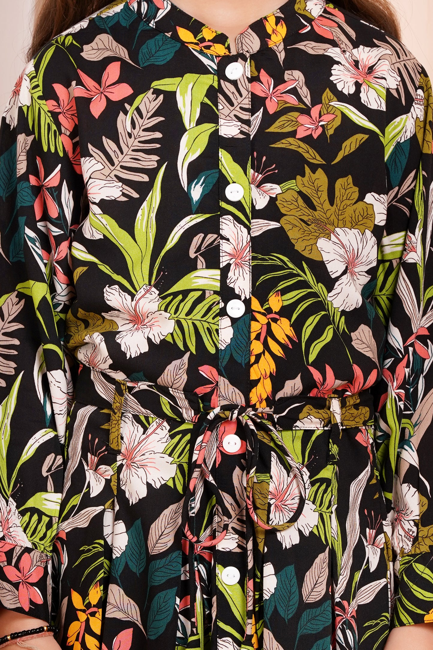 Tropical Floral Belted Girl's Dress