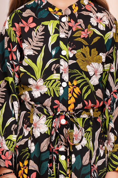 Tropical Floral Belted Girl's Dress