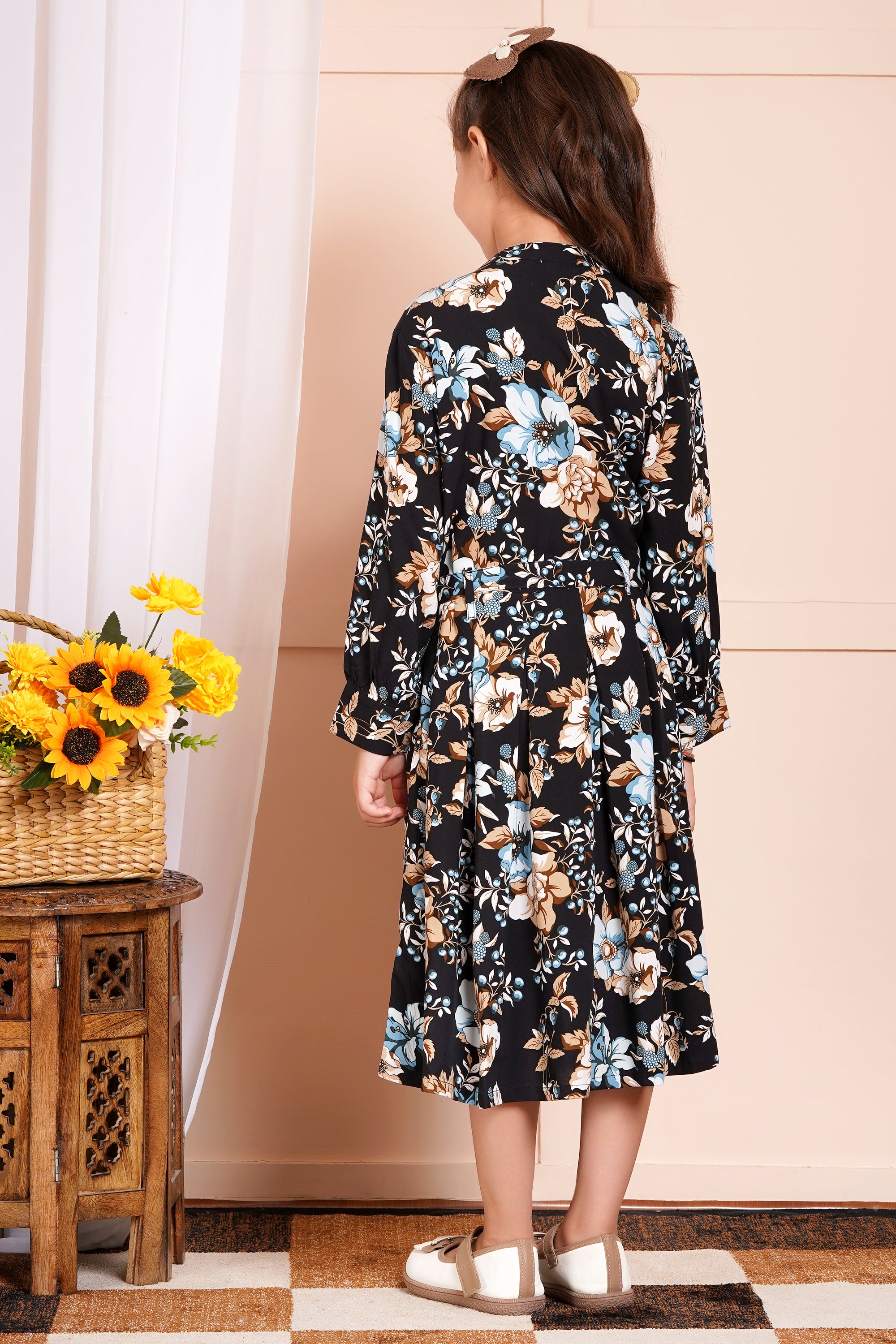 Midnight Bloom Belted Girl's Dress