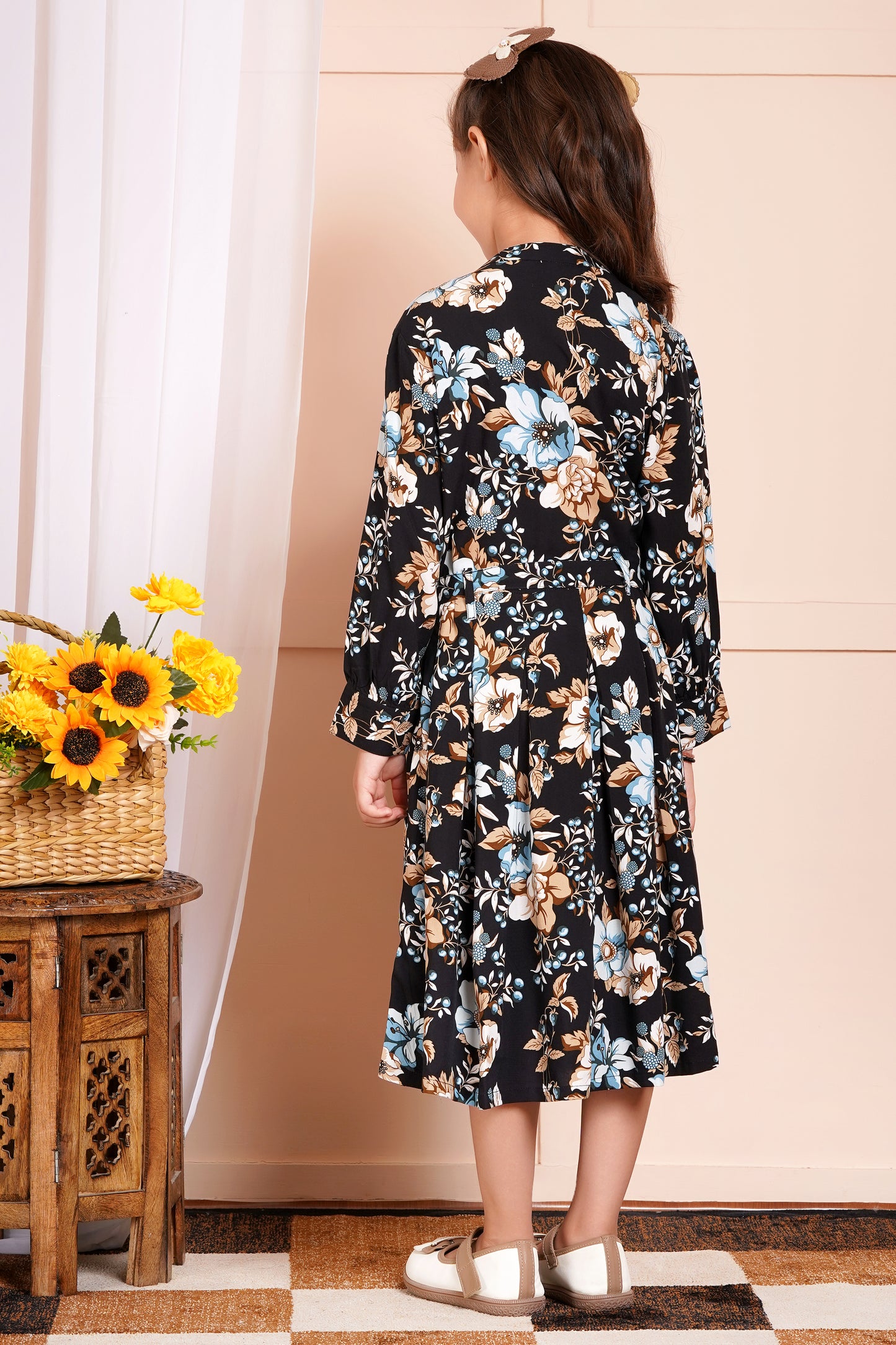 Midnight Bloom Belted Girl's Dress