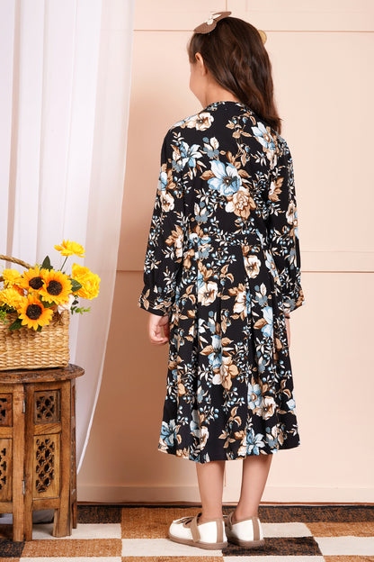 Midnight Bloom Belted Girl's Dress