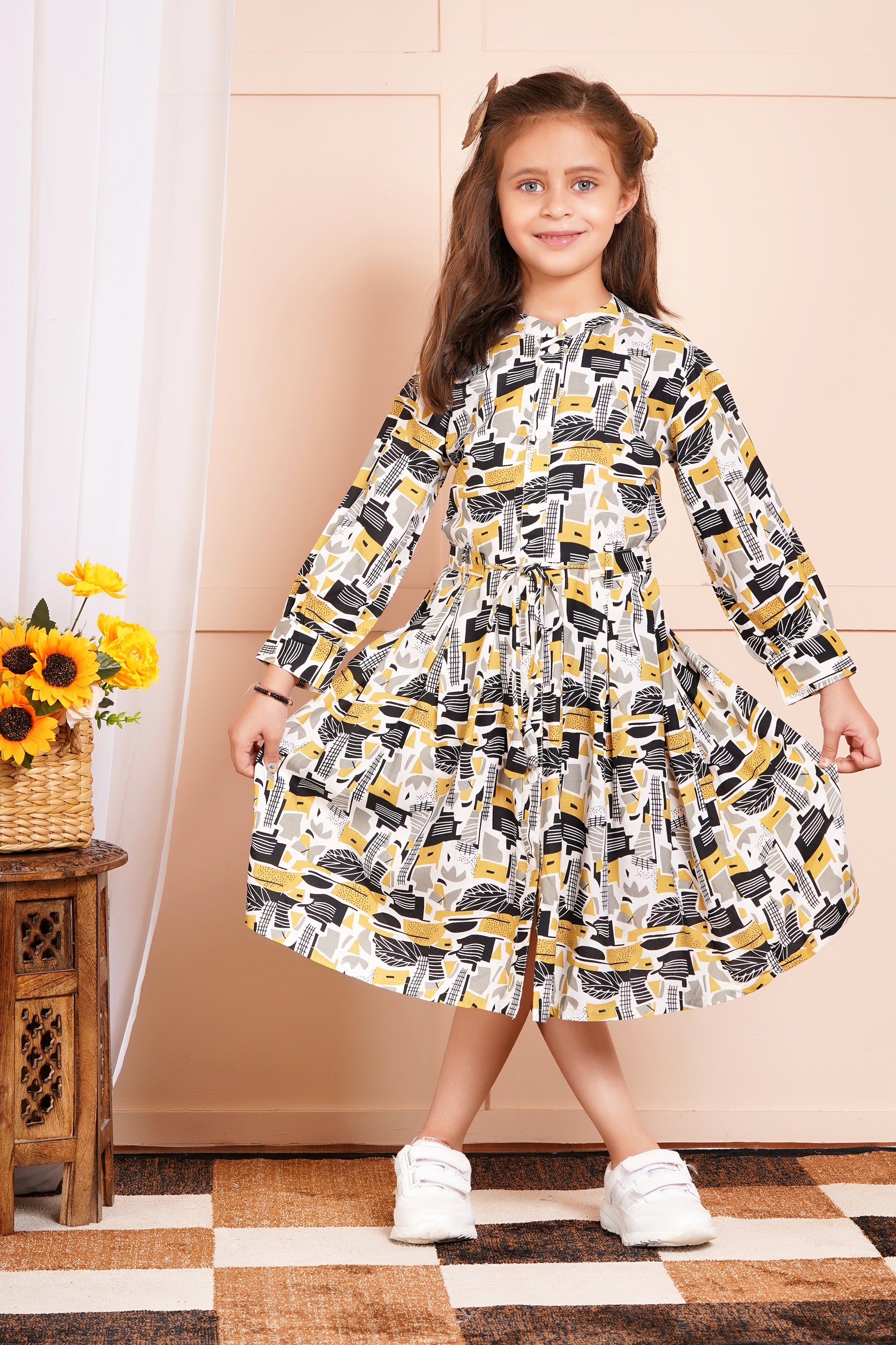 Abstract Print Belted Girl's Dress