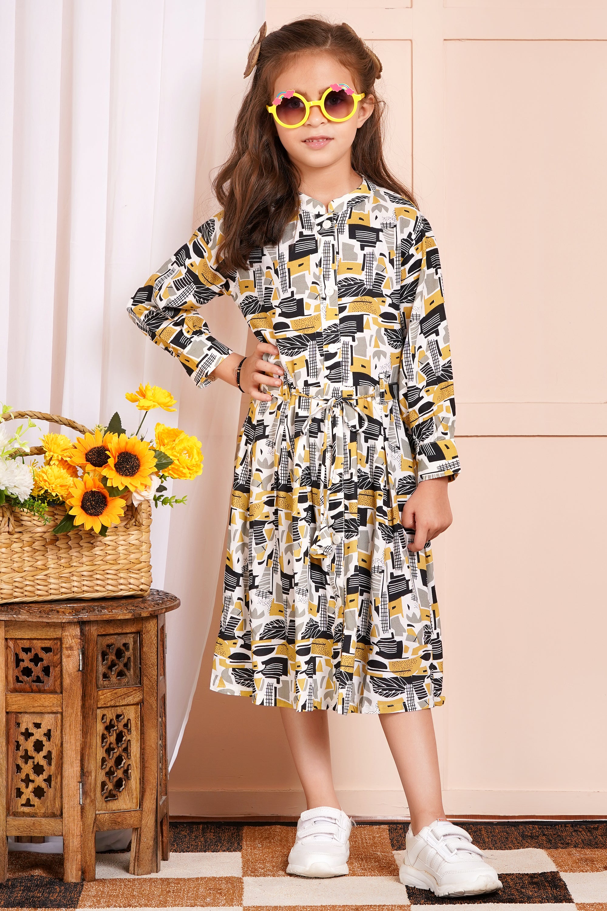 Abstract Print Belted Girl's Dress