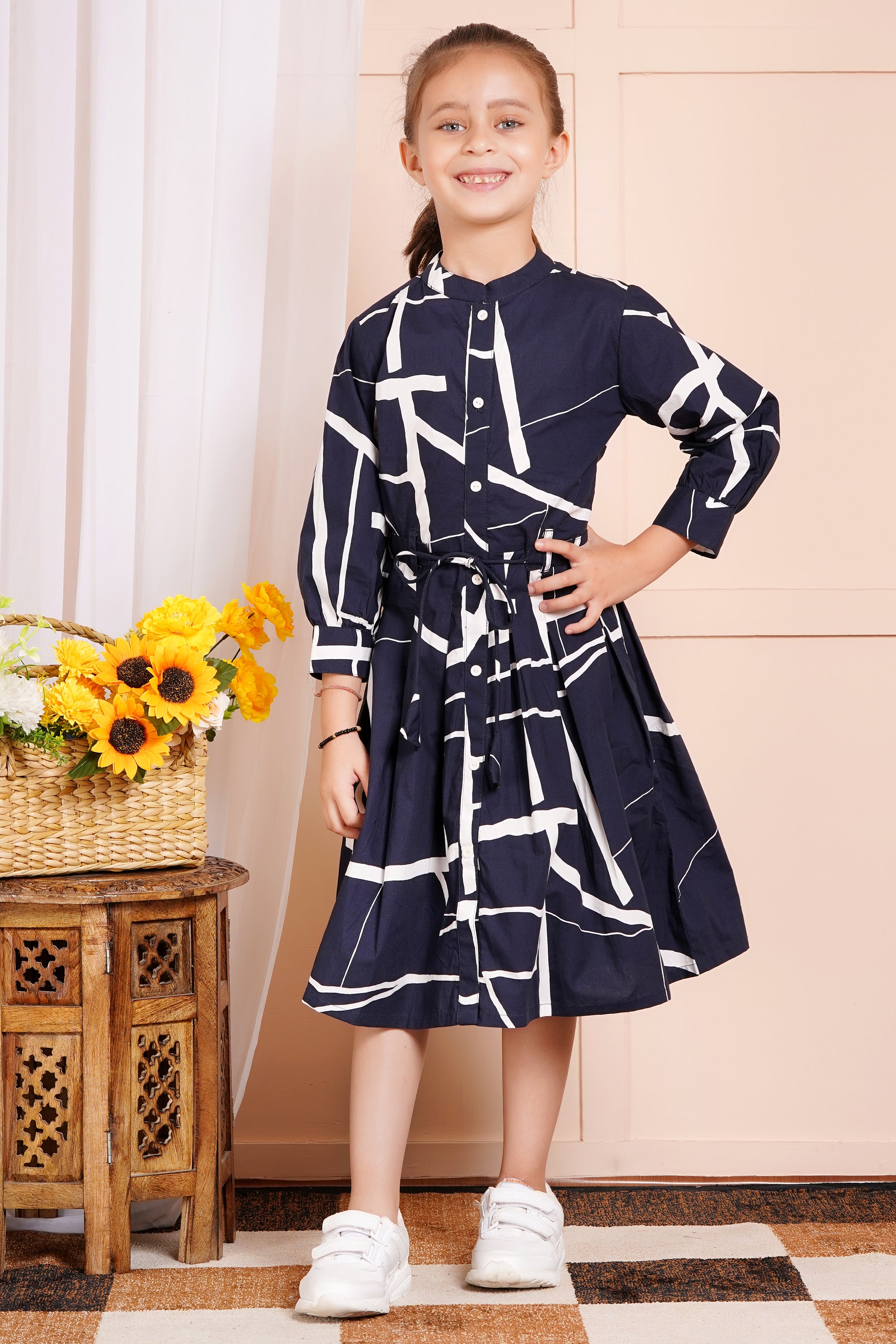 Geometric Chic Belted Girl's Dress