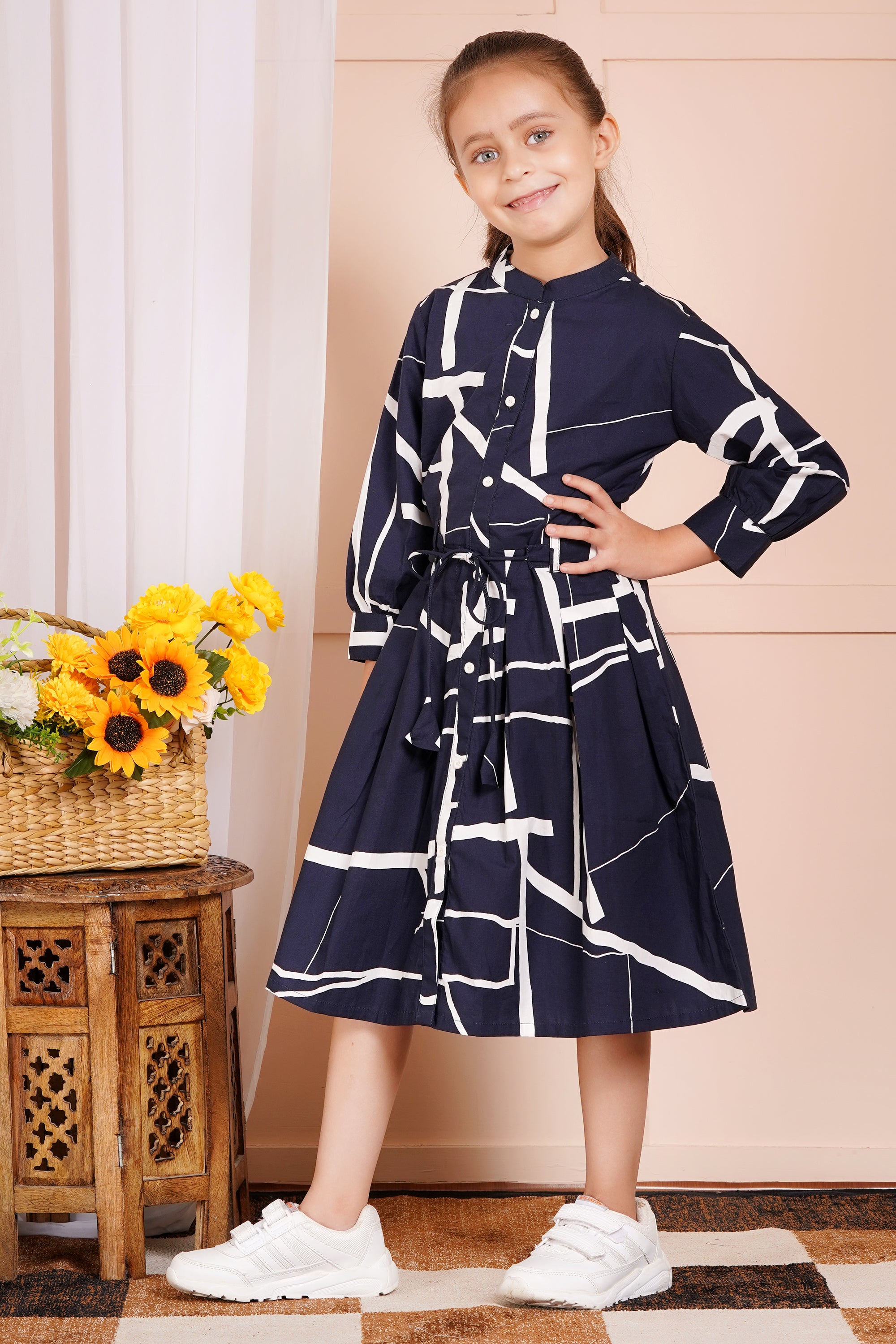 Geometric Chic Belted Girl's Dress