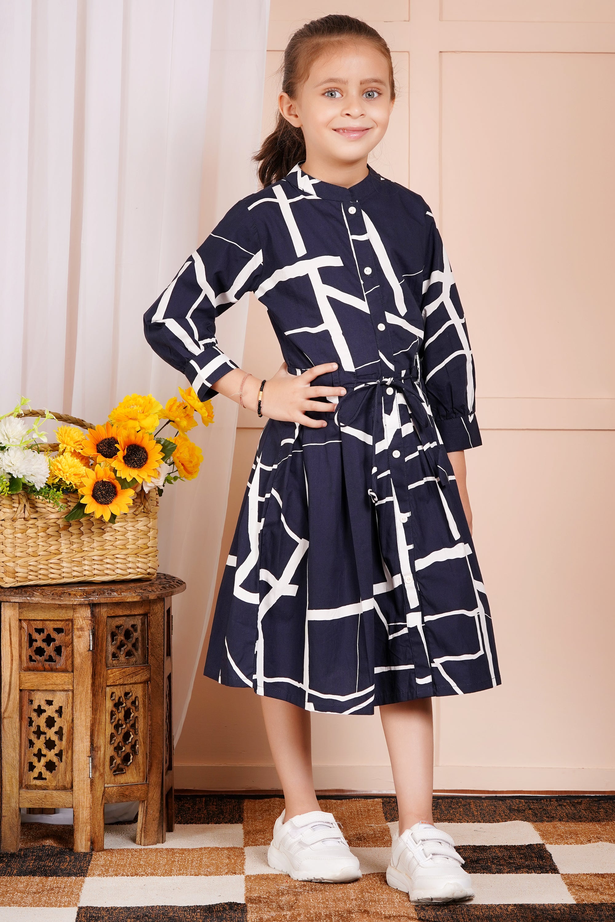 Geometric Chic Belted Girl's Dress