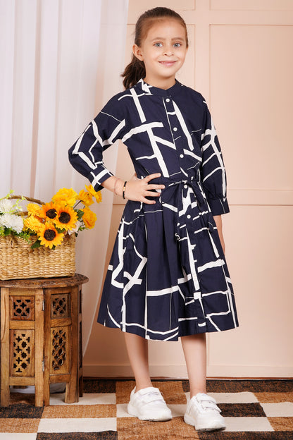Geometric Chic Belted Girl's Dress