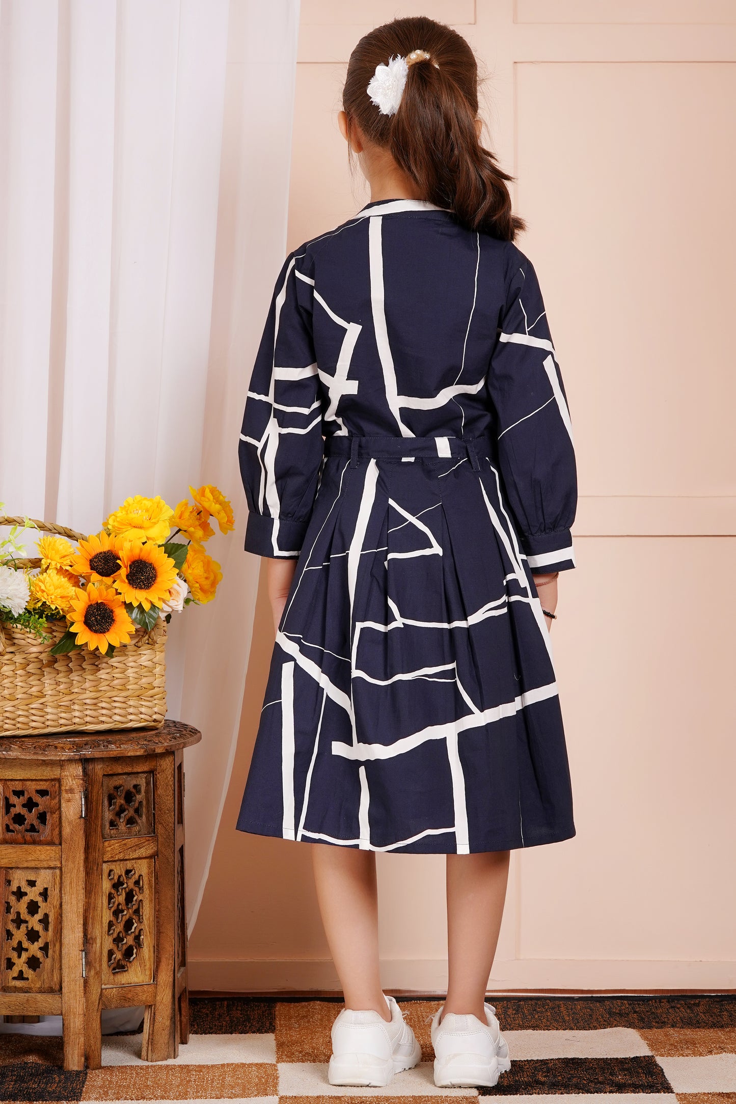 Geometric Chic Belted Girl's Dress