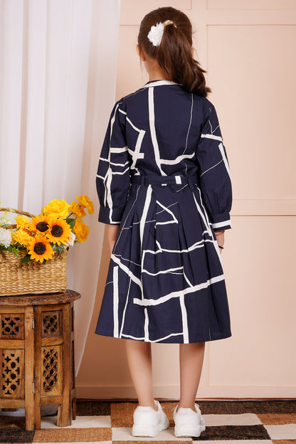 Geometric Chic Belted Girl's Dress
