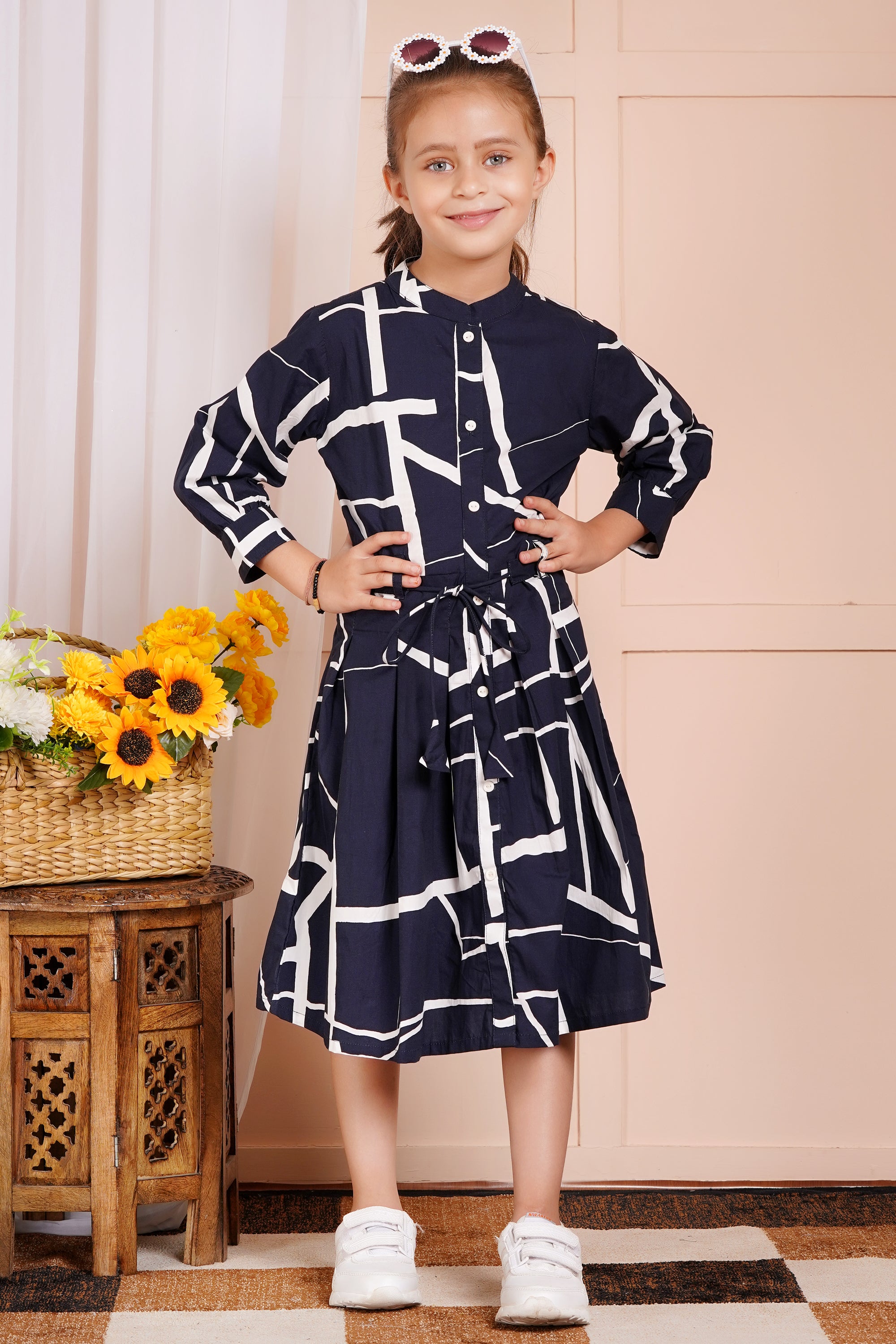 Geometric Chic Belted Girl's Dress