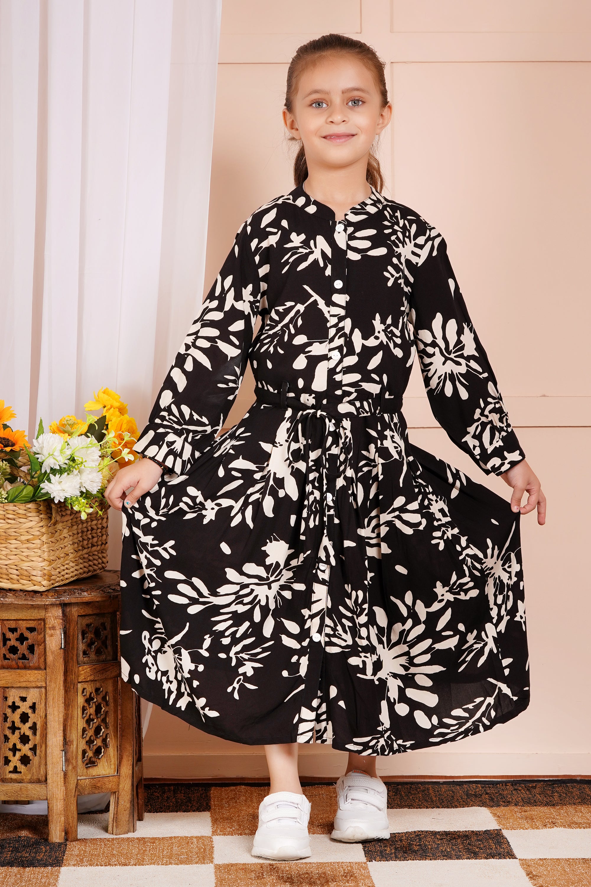 Midnight Blossom Belted Girl's Dress