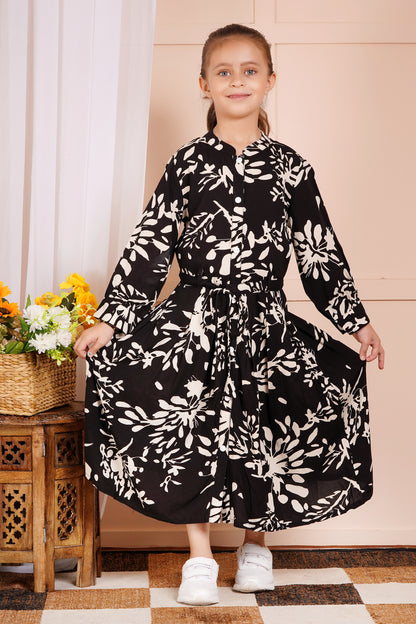 Midnight Blossom Belted Girl's Dress
