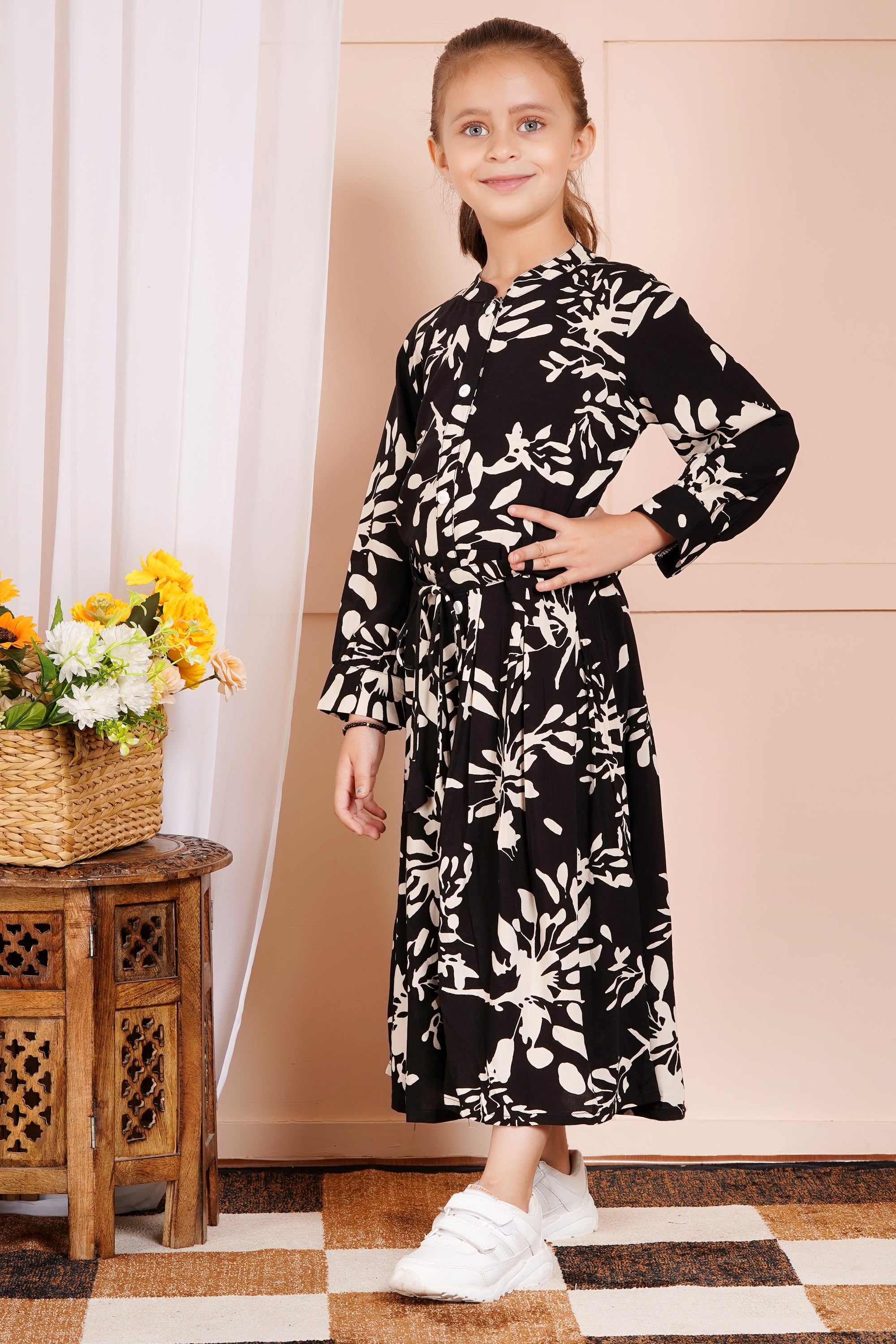 Midnight Blossom Belted Girl's Dress