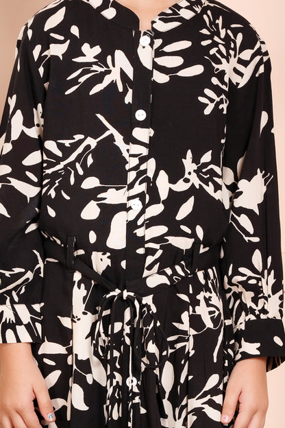 Midnight Blossom Belted Girl's Dress