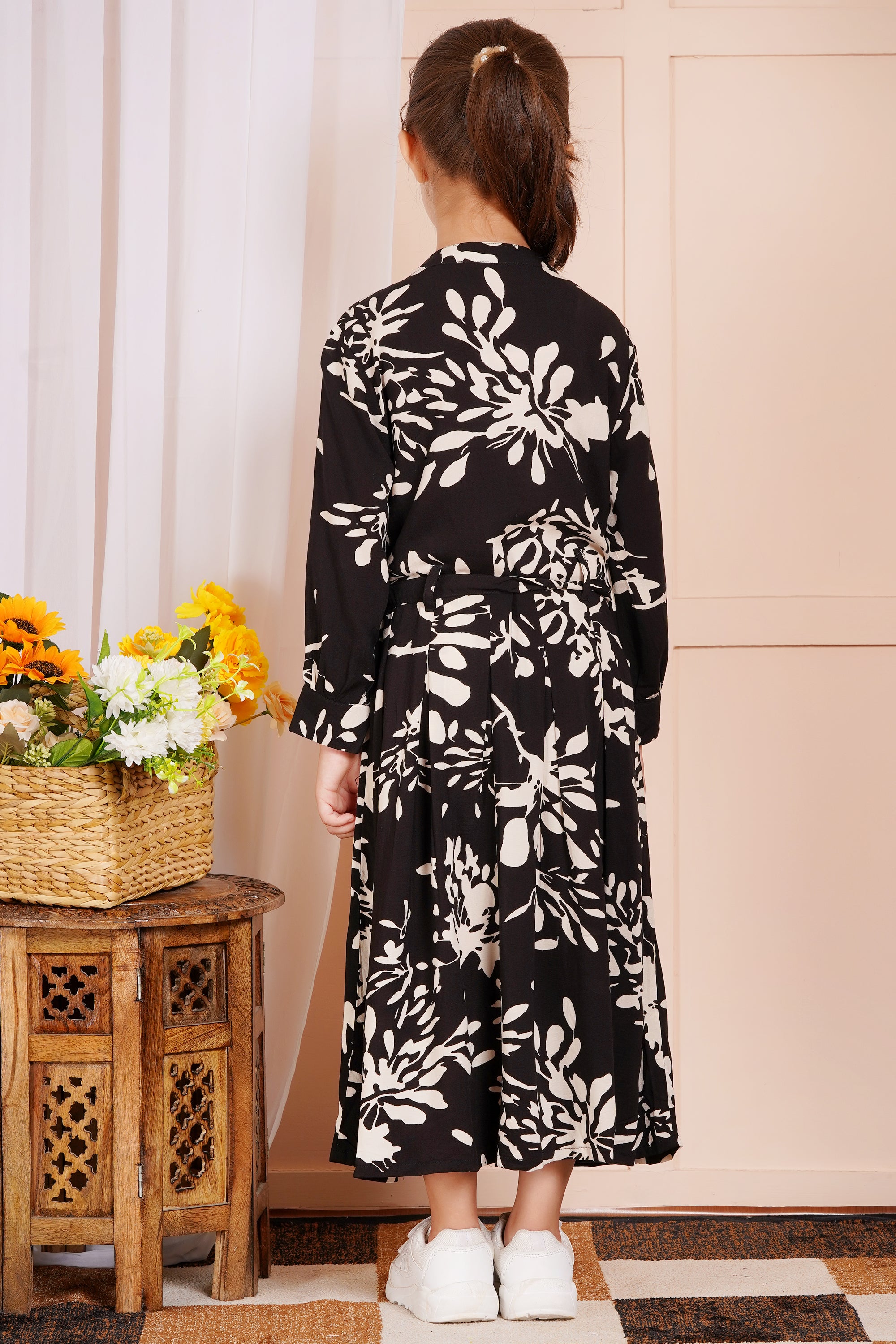 Midnight Blossom Belted Girl's Dress
