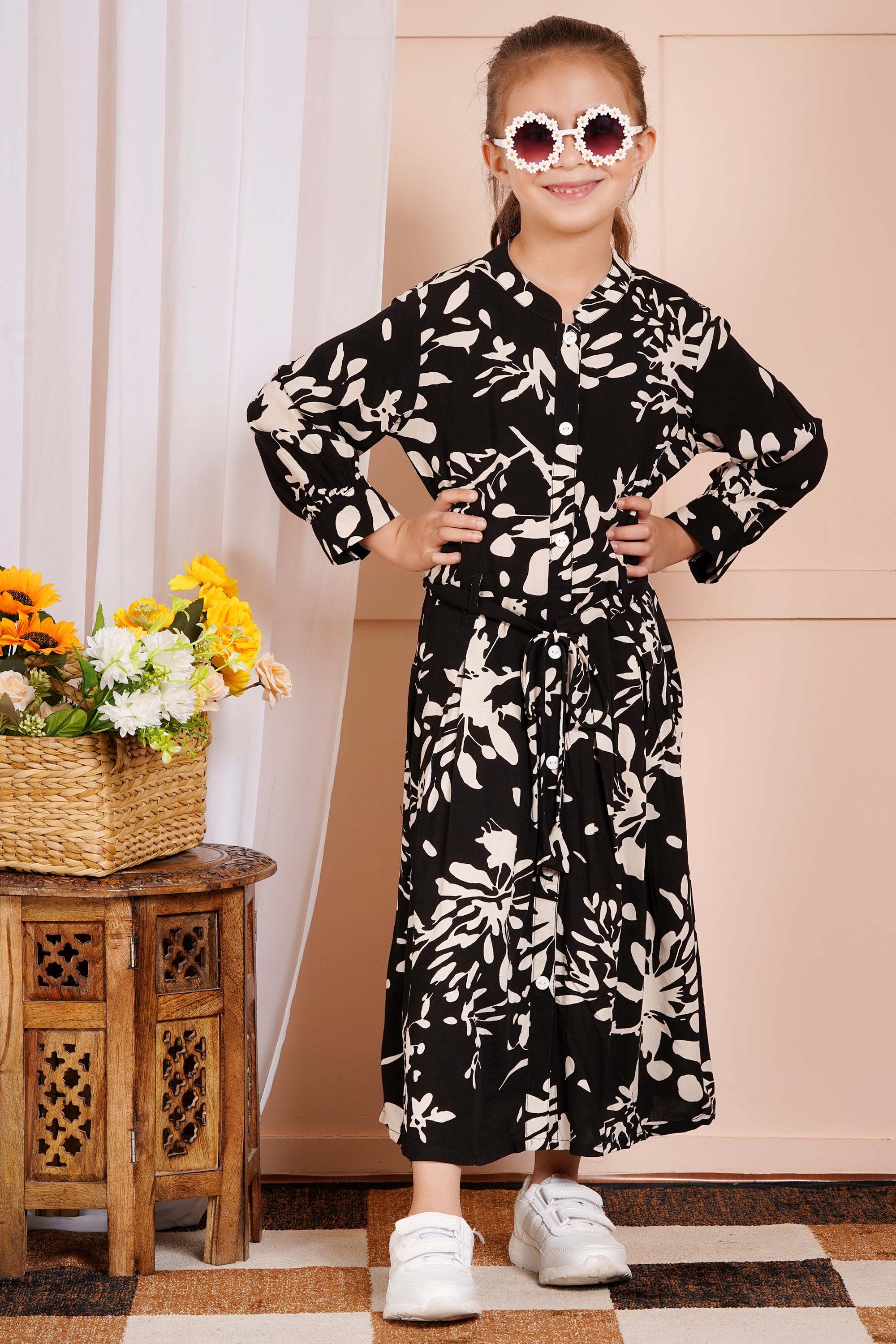 Midnight Blossom Belted Girl's Dress