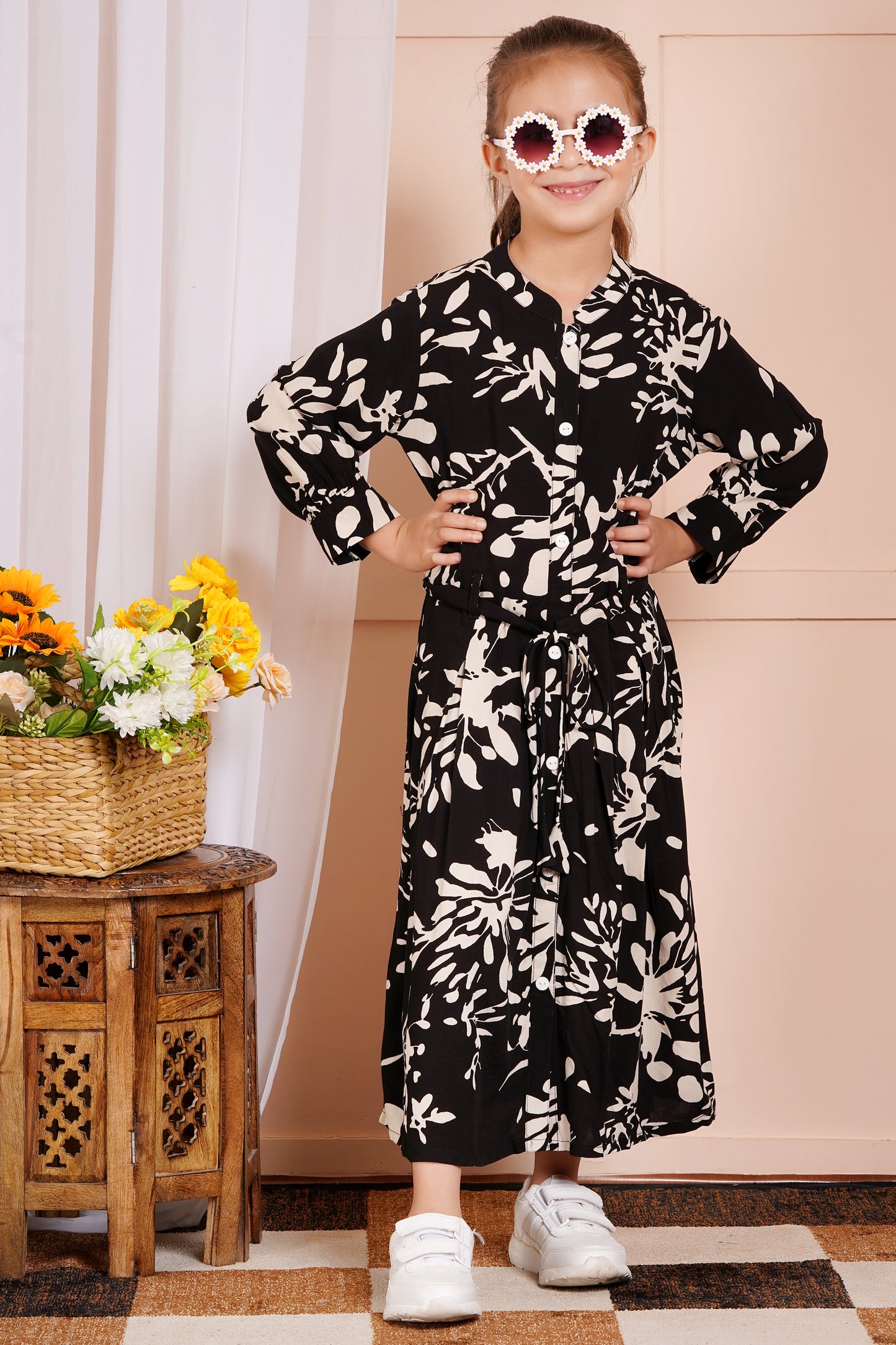 Midnight Blossom Belted Girl's Dress