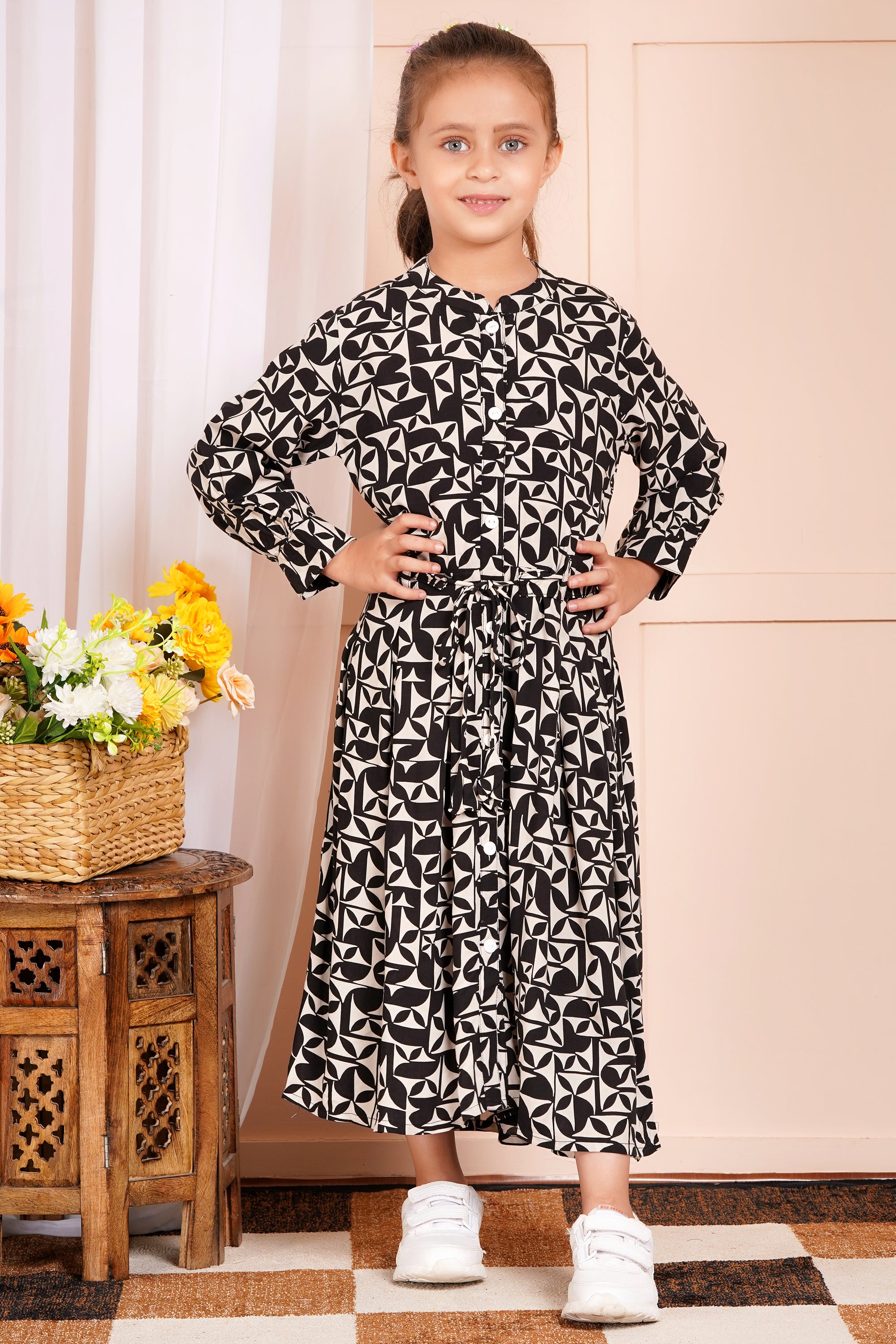 Monochrome Maze Belted Girl's Dress