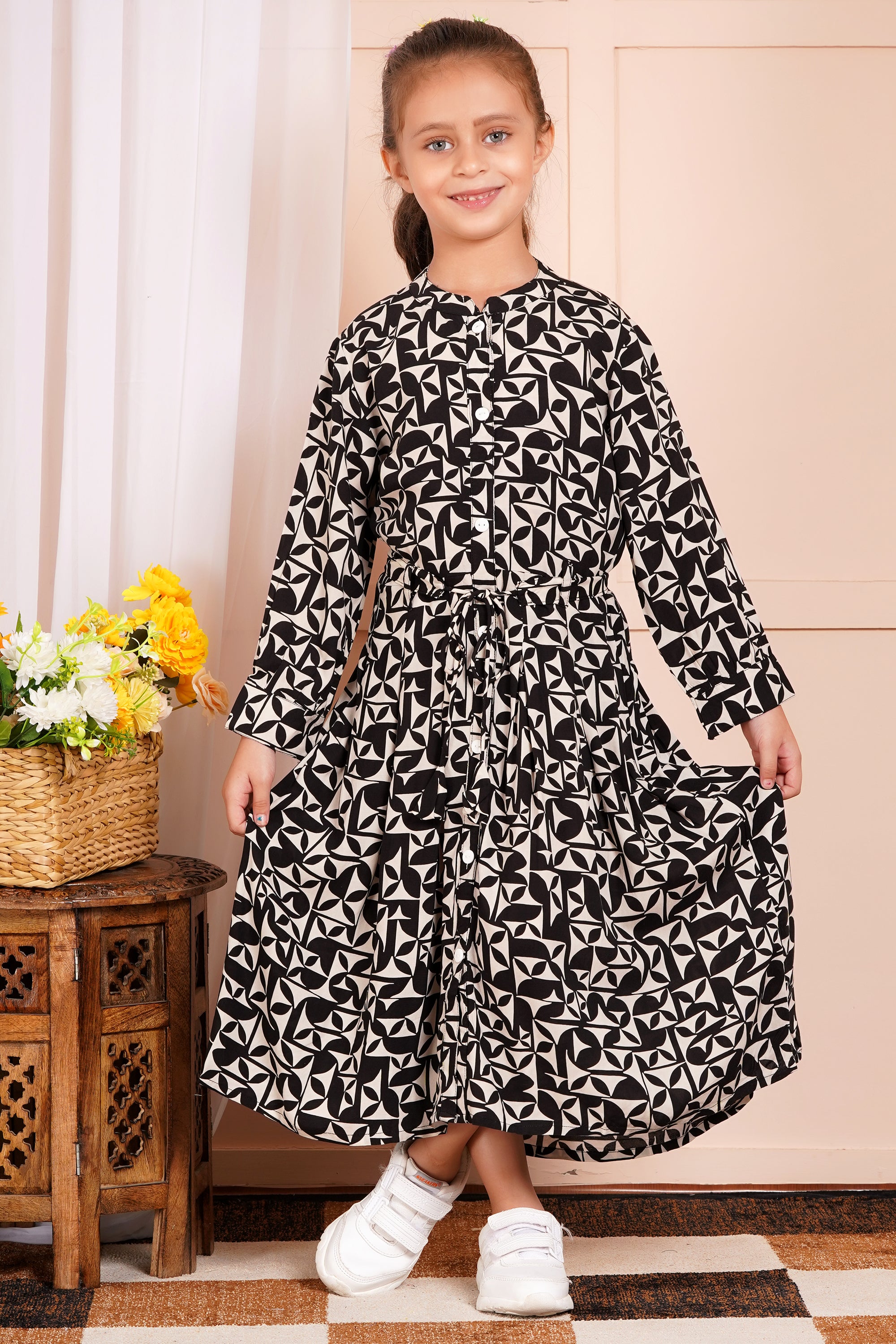 Monochrome Maze Belted Girl's Dress