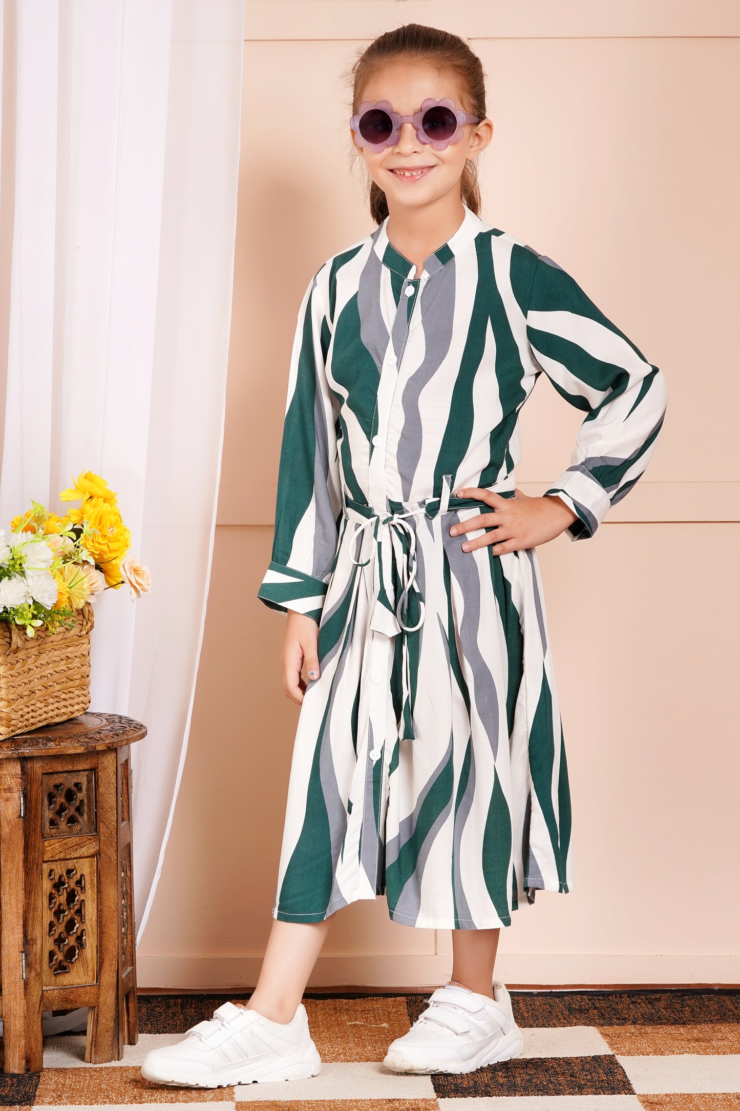 Wavy Wanderer Striped Belted Girl's Dress