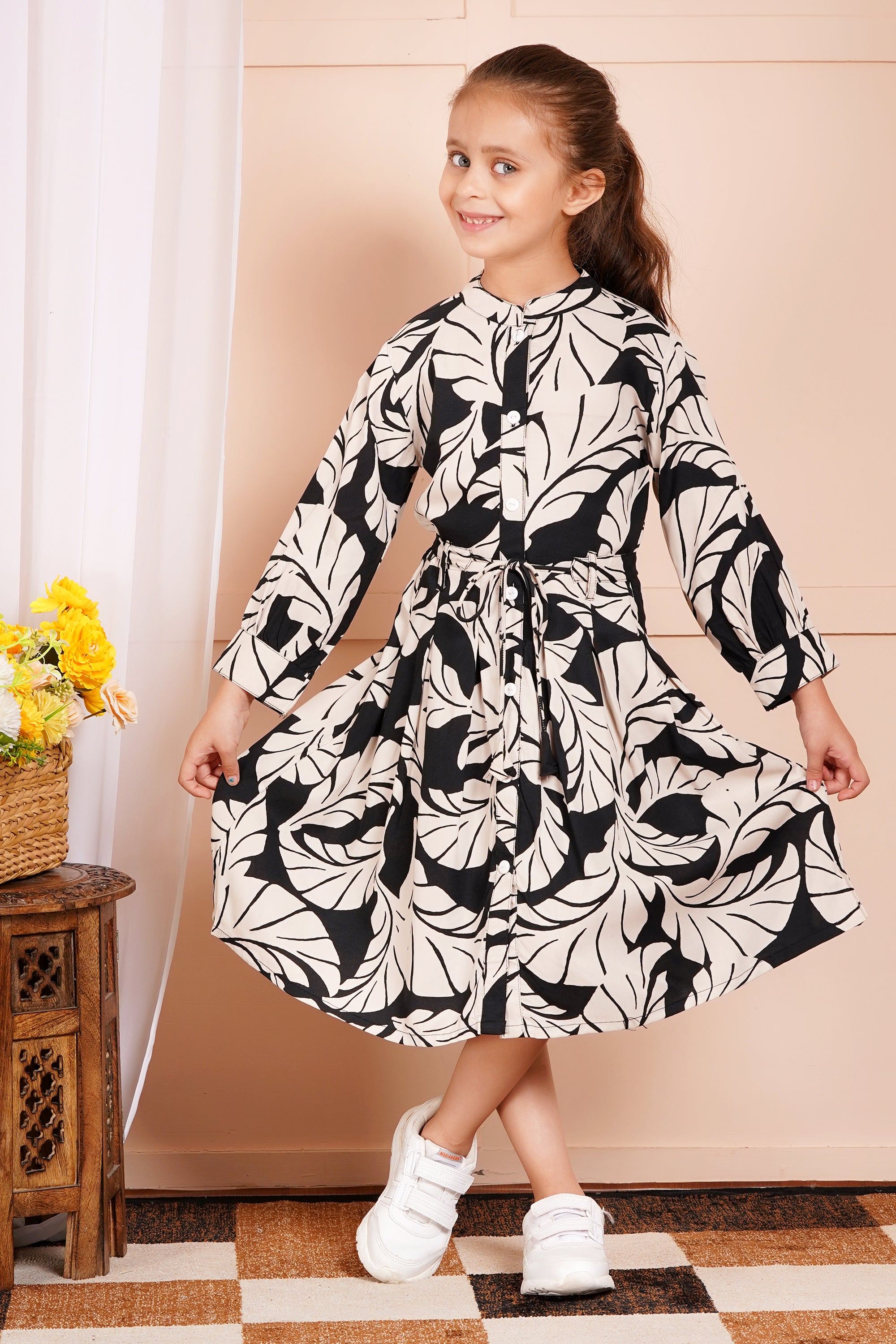 Enchanted Foliage Belted Girl's Dress