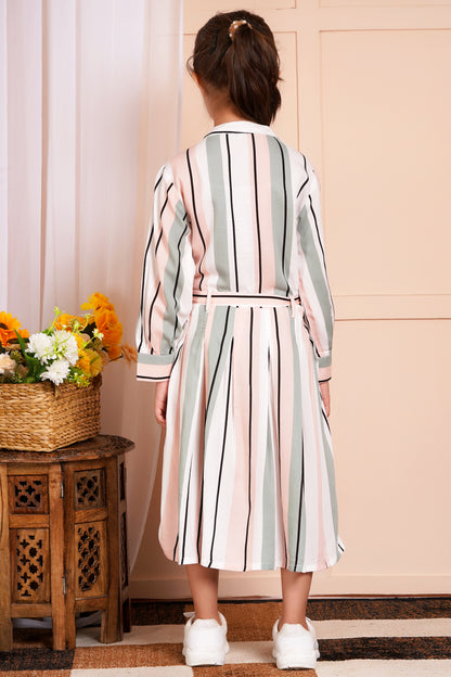 Pastel Pinstripe Belted Girl's Dress